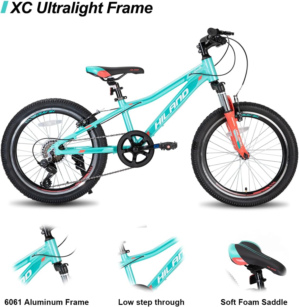 Hiland 20 Inch Kids Mountain Bike Aged 5-12, Lightweight Aluminum Children MTB with Lock-Out Suspension Fork, 7 speeds Gears, Youth Bicycle for Boys Girls | Lightweight, Aluminum, Lock-Out Suspension Fork, Gears, Youth Bicycle