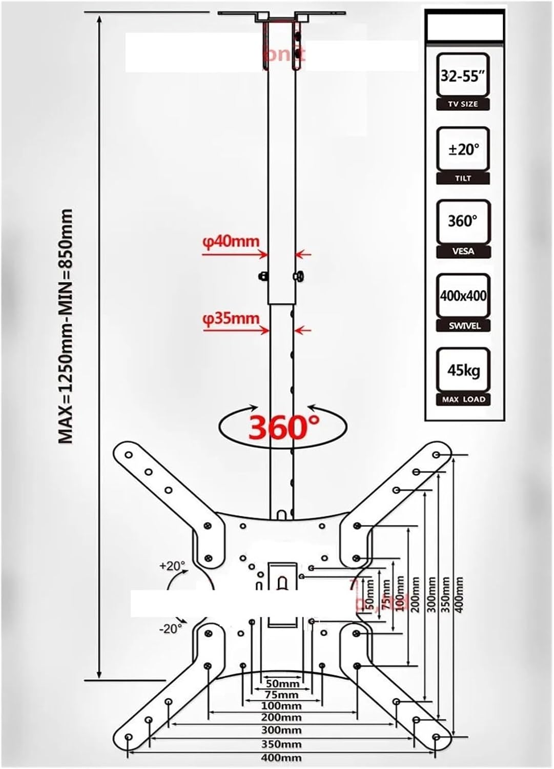 DL DLC-201BL Steel 400X400 46 Inch 50 Inch 1750MM 15 Up Tilt TV Wall Mount LCD Ceiling Bracket LED Bracket Plasma TV Bracket