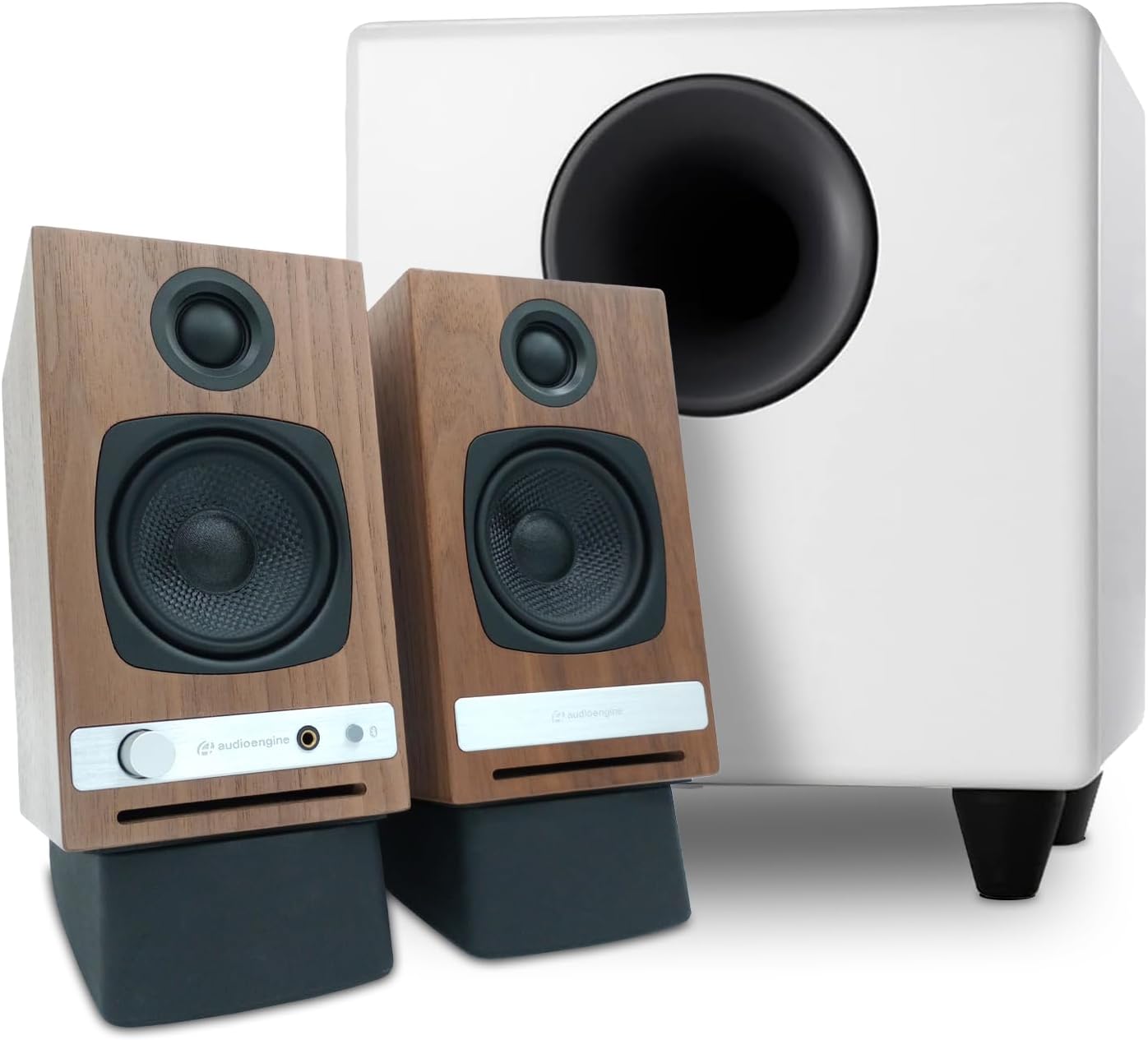 Audioengine A2 HD Walnut Home Music System with S8 White Subwoofer and DS1 Stands