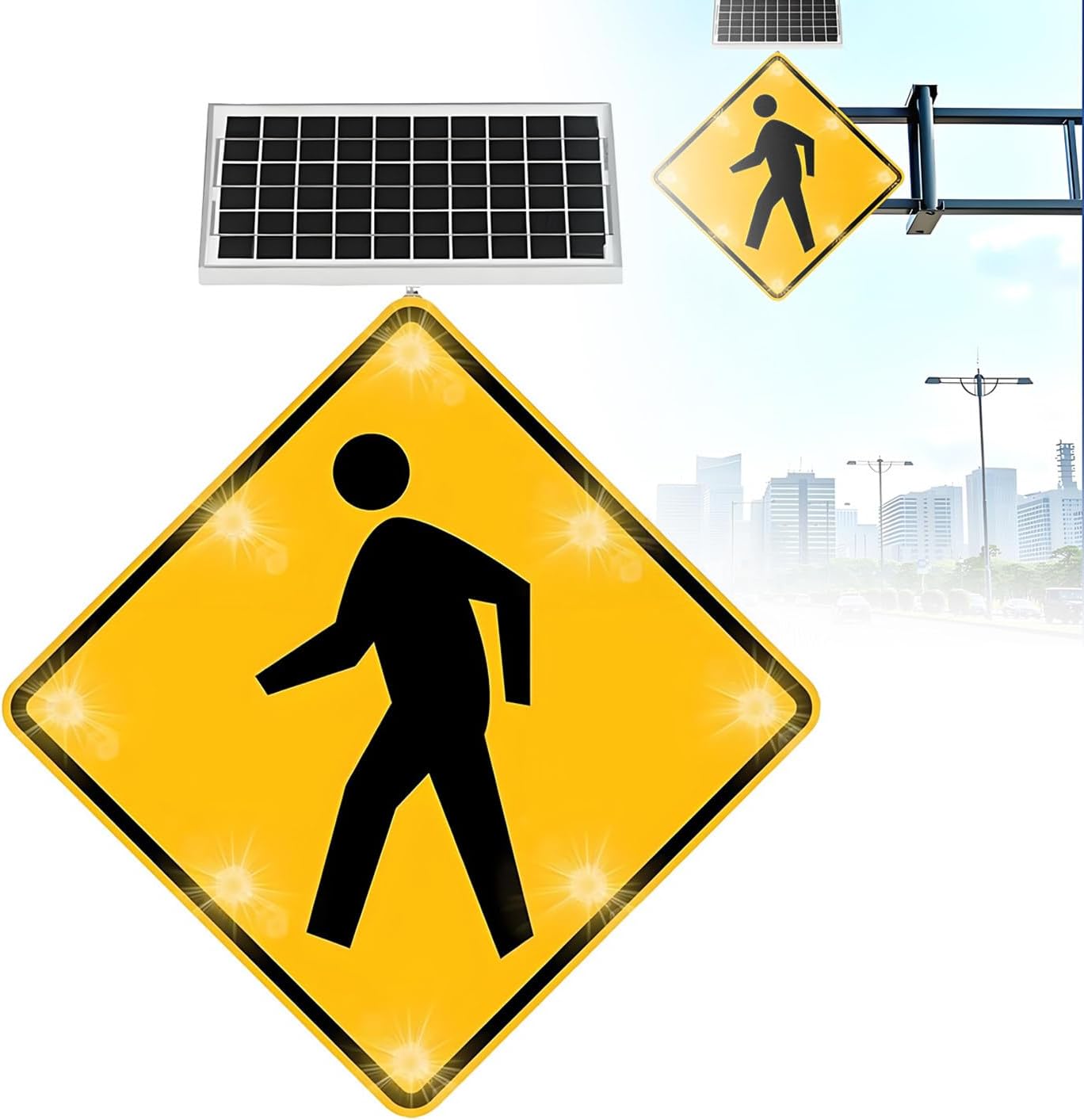 24in/31in Solar Pedestrian Crossing Sign - Flashing LED Traffic Warning Beacon, Solar Powered Wireless Blinking Sign, 4pcs 80x80cm for Enhanced Road Safety