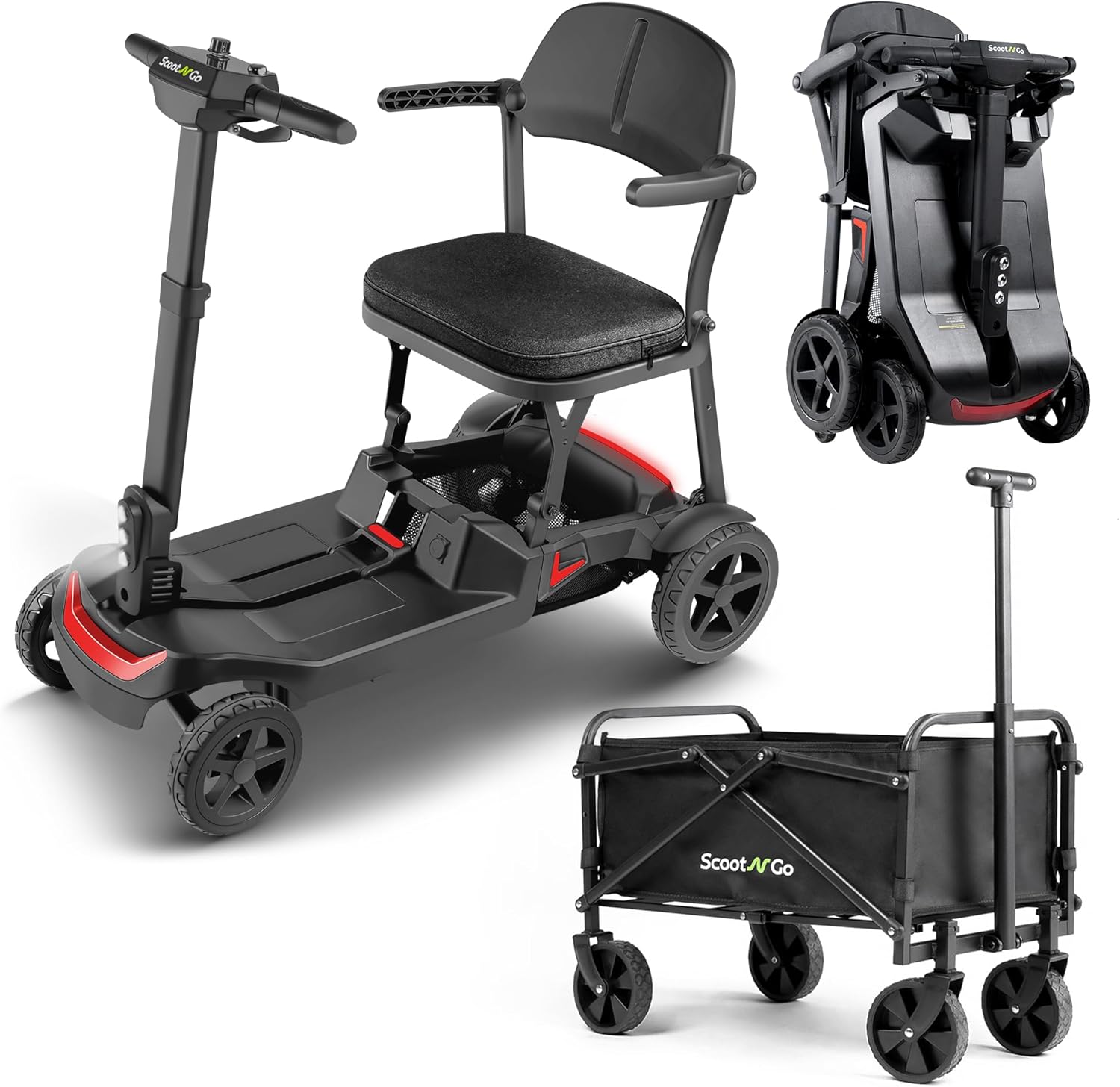 Mobility Scooters for Seniors, 4 Wheel Foldable Lightweight Airline Approved Mobility Scooter for Adults, Dual Batteries, Portable, No Assembly Needed (Black Red, with Folding Trailer)
