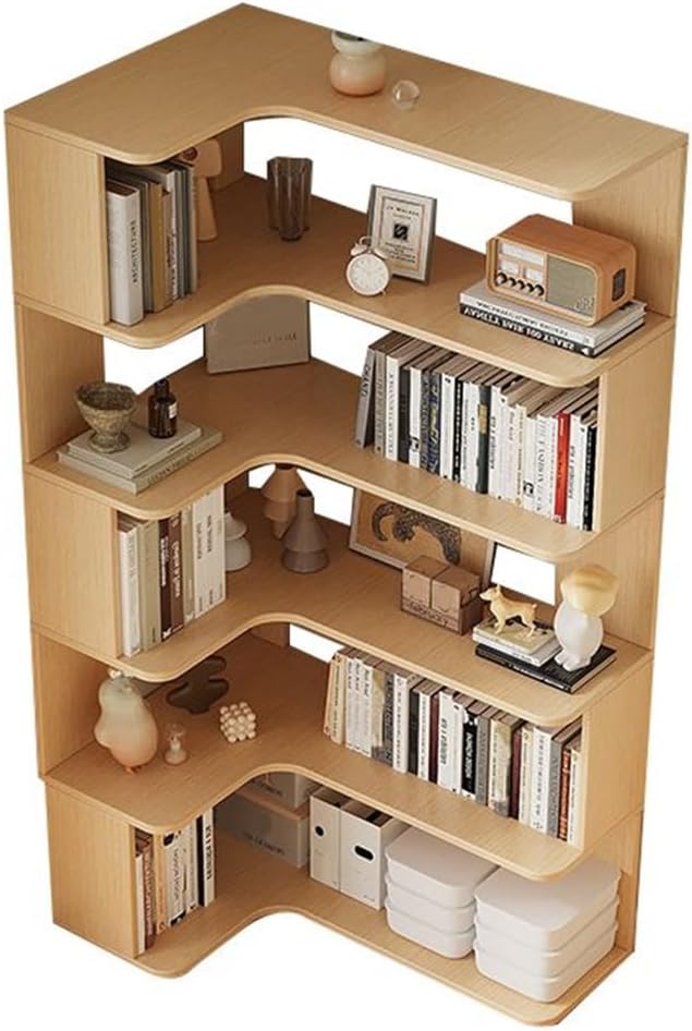 KWOKING Vertical Wall Corner Shelf with Open Back 6-Shelf Wood Corner Bookshelf Floor Book Rack Multi-Layer Storage Shelf Against The Wall Bookcase Natural 35