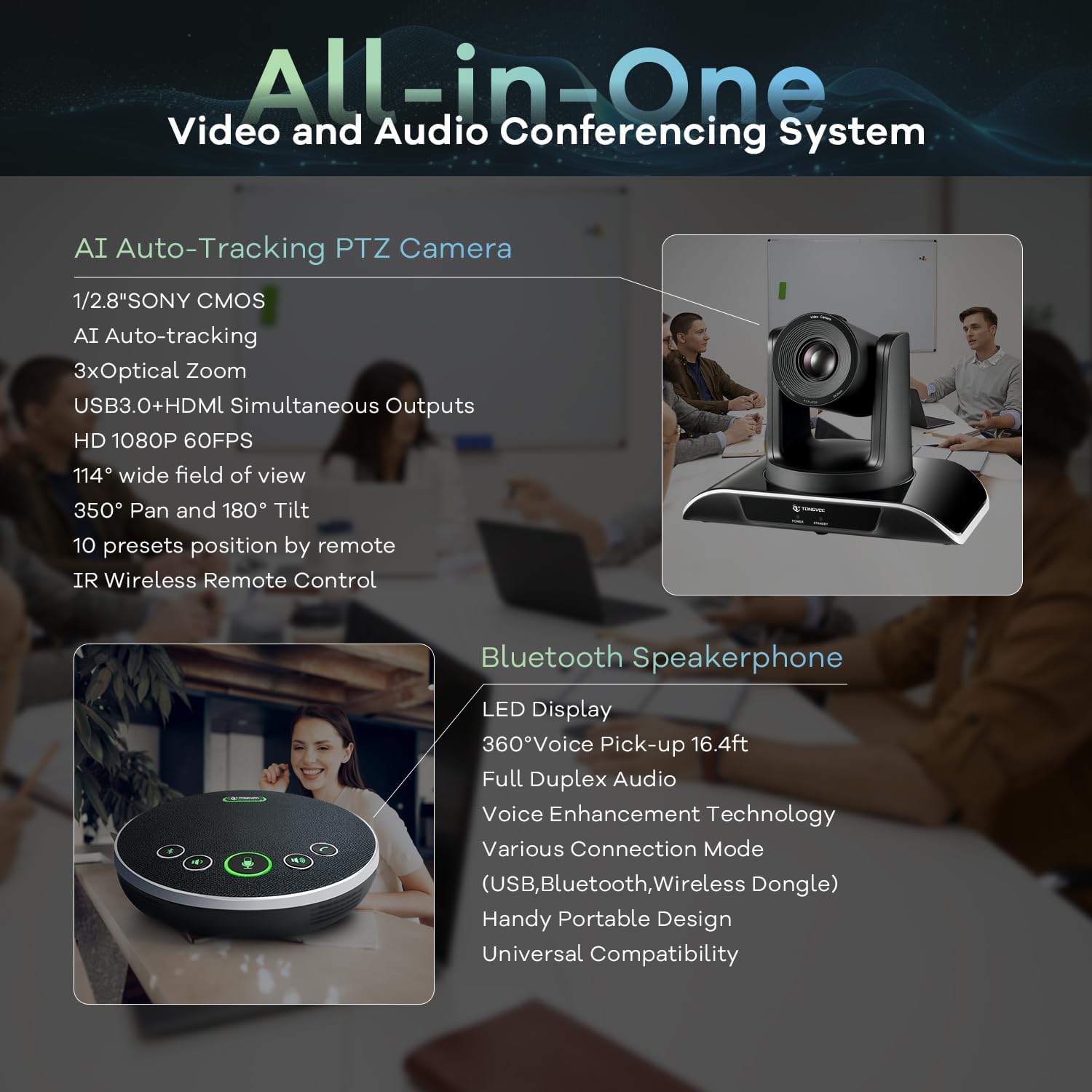TONGVEO All-in-One Conference Room Video Camera System Al Auto-Tracking HD1080P 60fps 3X Optical Zoom USB3.0 HDMI PTZ Camera and Bluetooth Conference Speakerphone with Microphones