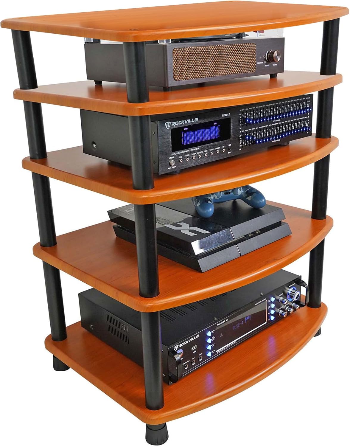 Rockville FLX Classic Wood 4-Shelf Adjustable Home Theater A/V Rack Stand + Add-On Shelf Bundle (2 Items)