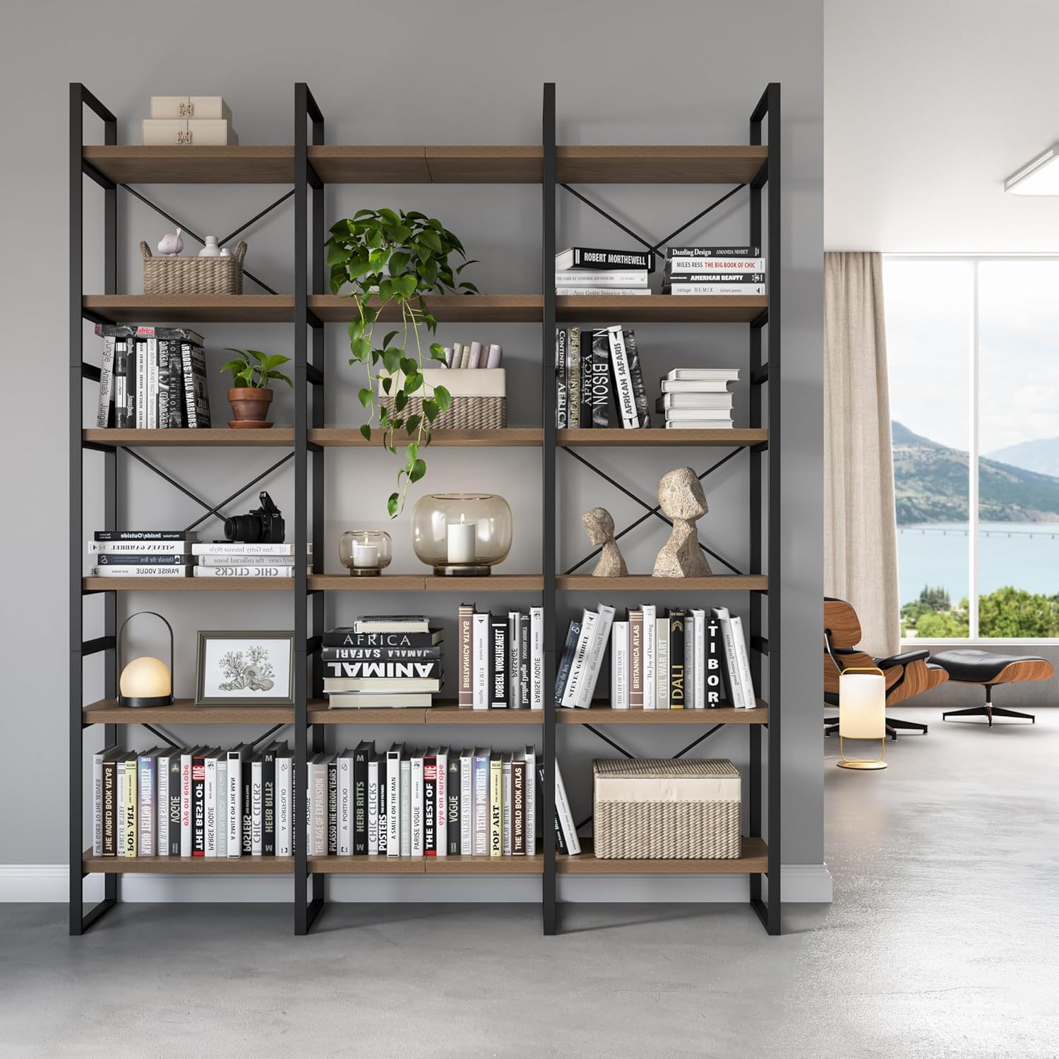 Brown Walnut Color 6-Tiers Industrial Style Bookcase 85