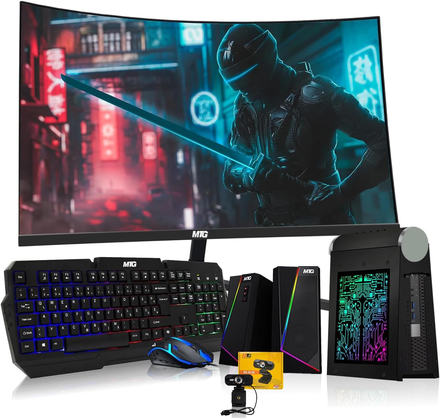 TechMagnet CyberCube Mini PC Bundle, Intel Core i5, 16GB RAM ARGB, 256GB SSD, 27-inch Curved Monitor, RGB Kit, Webcam, Windows 11 (Renewed)
