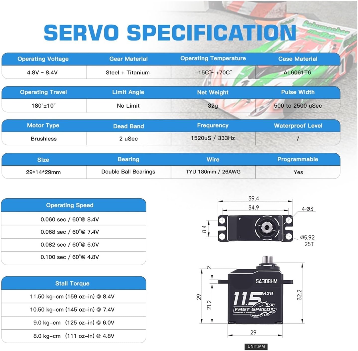 SA30BHM 11.5KG HV High Speed ​​Programmable Motor Brushless Mini Smart Steering Remote Control Servo Suitable for 1/12 1/16(Winch Mode set4)