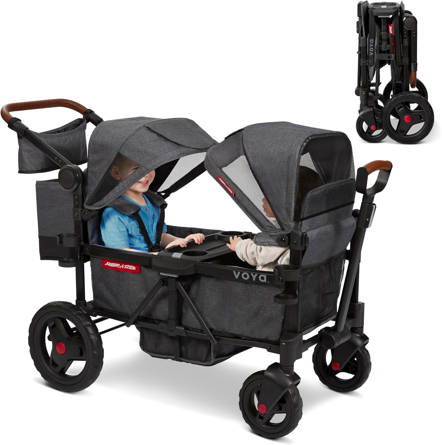 Radio Flyer Voya Stroller Wagon, for Toddlers and Kids 6+ Months, Push or Pull, 2 Seats, Dual Sun Canopies, Compact Fold, Lightweight, Storage Space, 5-Point Harnesses, Stroller Wagon for Kids