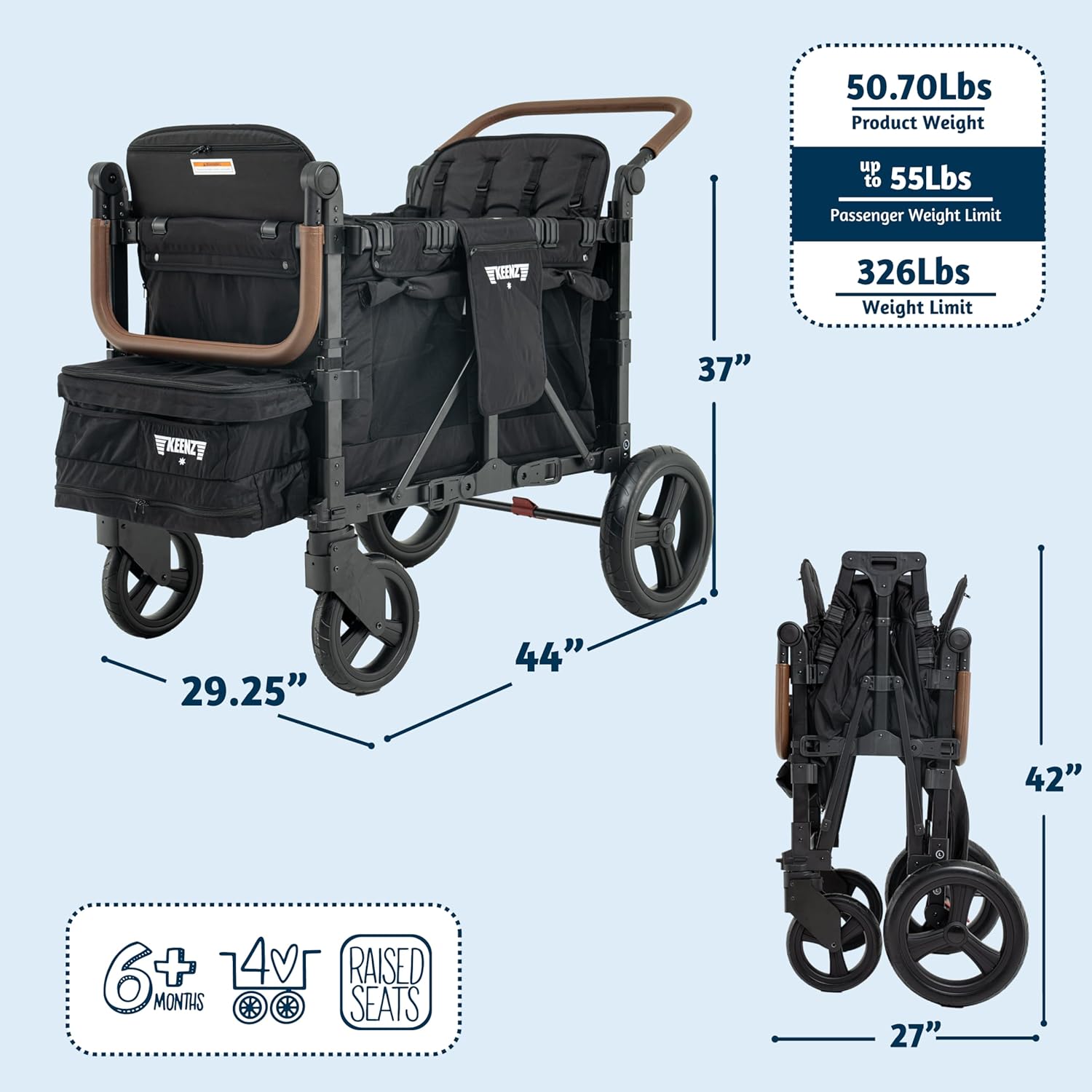 Keenz XC+ EVO - Luxury Comfort Stroller Wagon | Foldable 4 Passenger with Adjustable Canopy | Black