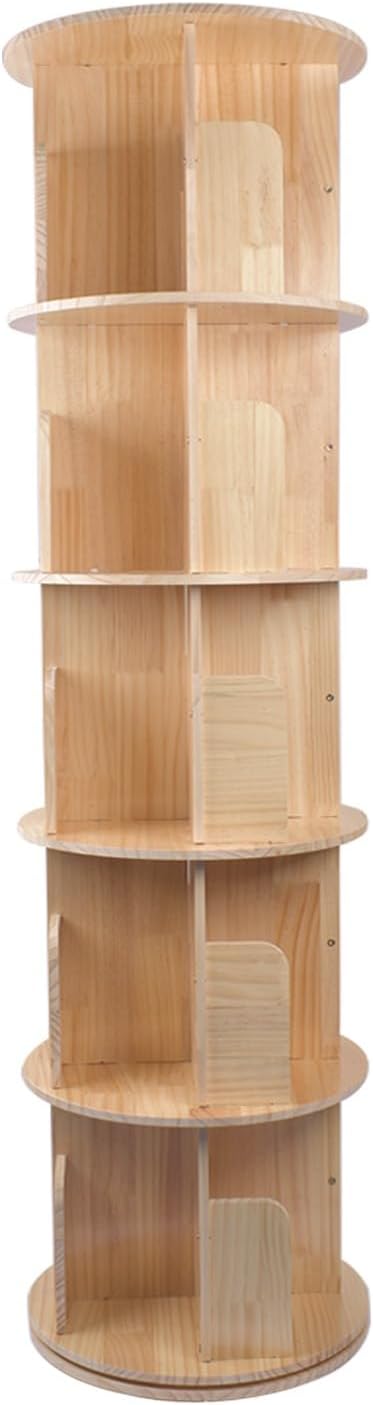 Kaireey Rotating Bookshelf, 360° Display 5-Tier Floor Standing Bookcase Storage Rack, Wood Narrow Book Shelf Organizer for Bedroom, Living Room, Study Room, Natural Pine Wood