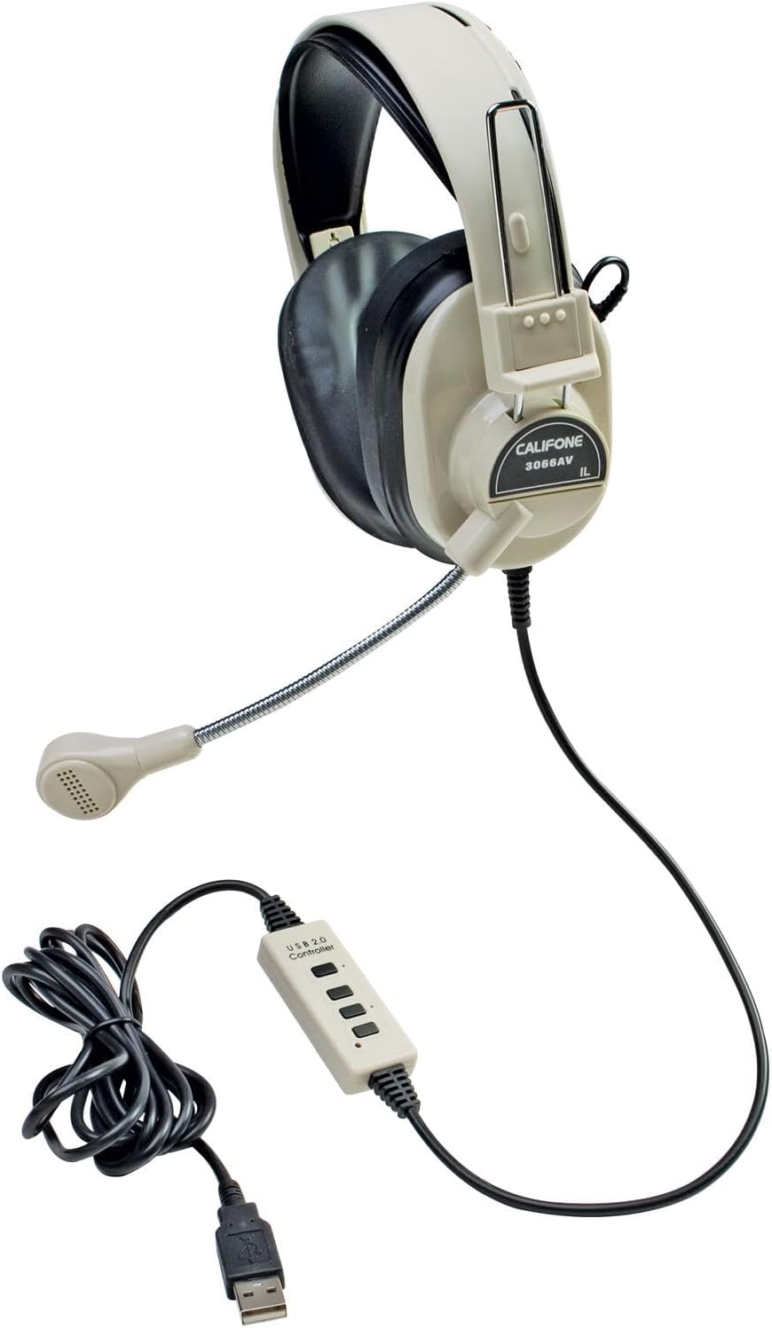 Califone 3066-USB Deluxe Multimedia Stereo Headset with USB Plug, Flexible Omni Directional Microphone, Around Ear Ambient Noise Reducing Earcups, In-line Volume Control, Pack of 30