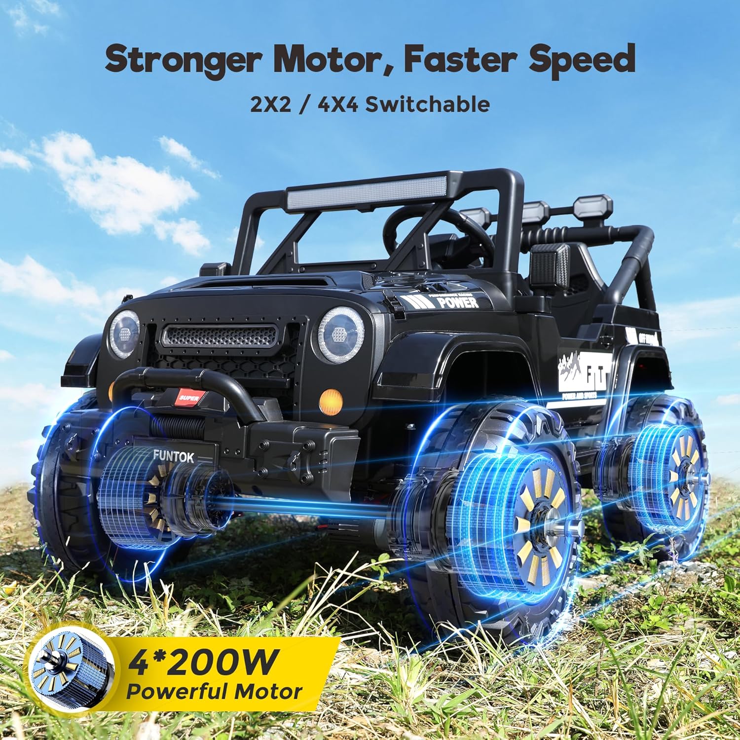 FUNTOK 24V 2 Seater Ride On Toys for Big Kids, XL 4WD Kid's Electric Vehicles w/Remote Control, 4x200W Motors, Max 5 MPH, 20'' Seat, Truck Bed Storage, Bluetooth, Drivable Cars for Kids Ages 3-8