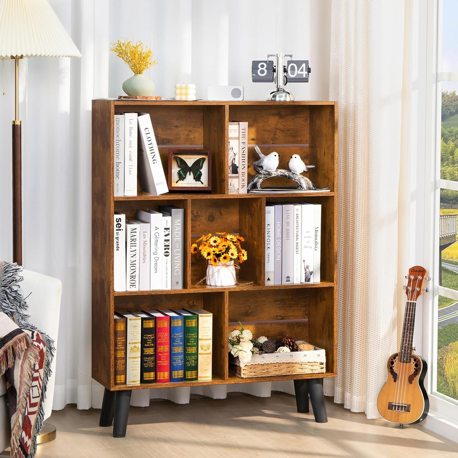 YUFAM Vintage Bookshelf with Legs, 3 Tier Mid Century Modern Standing Book Shelf, 7 Cube Rustic Bookcase with Shelves for Storage and Display in Living Room, Bedroom, Brown