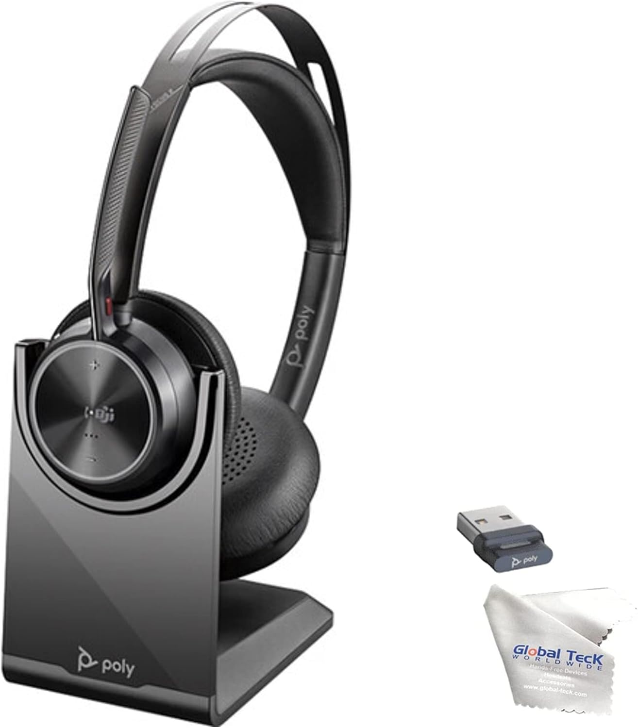 Global Teck Worldwide Poly Voyager Focus 2 UC Wireless Headphone Bundle with Spare Comfort Cushions, Charging Headset Stand and Bluetooth Dongle Adapter for USB-C/A Usage