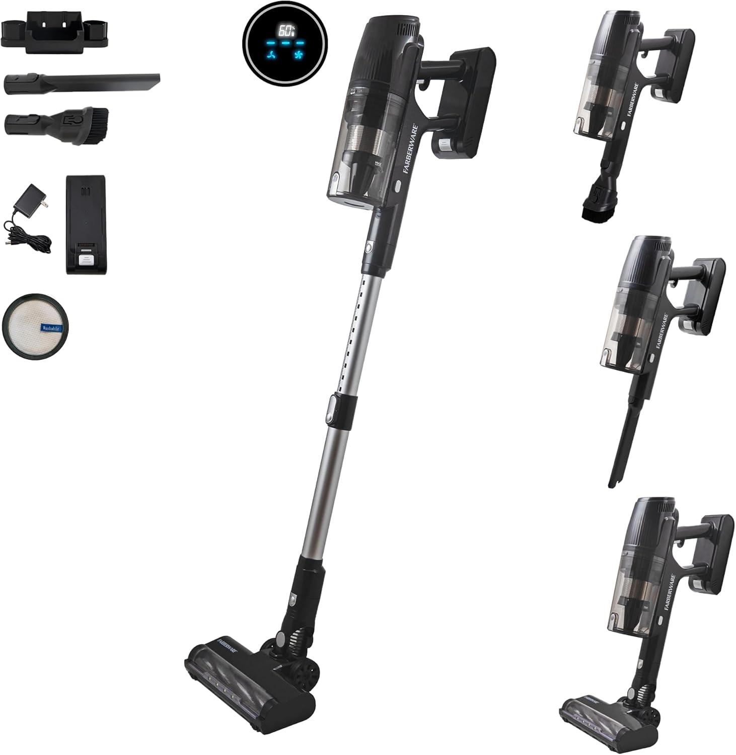 Farberware Cordless Elite Stick Vacuum Cleaner, Powerful Suction, 3 Speeds for Carpet and Hard Floors, Handheld Vacuum for Pet Hair, LED Screen