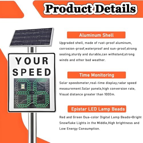 Solar Powered Radar Speed Limit Sign 60x90cm, LED Speed Display, Adjustable Maximum Speed Warning Sign, Aluminum Traffic Safety Indicator for Road Alert