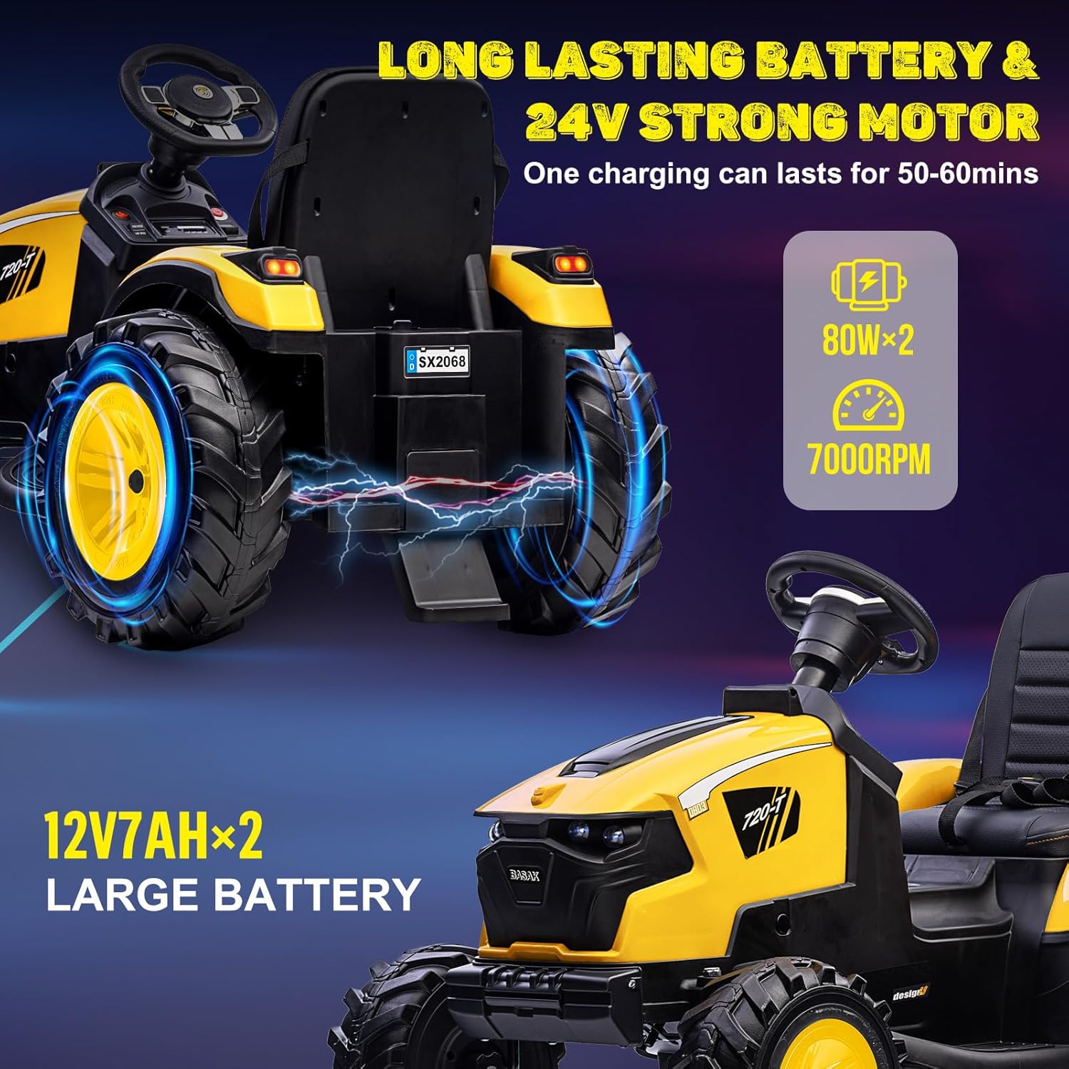 3 in 1 Ride on Tractor, 24V Ride on Excavator with Remote Control, Kids Electric Vehicles w/Trailer, Shovel Bucket, Digger, EVA Tires, LED Lights, Ride on Car for Kids Toddlers, Yellow