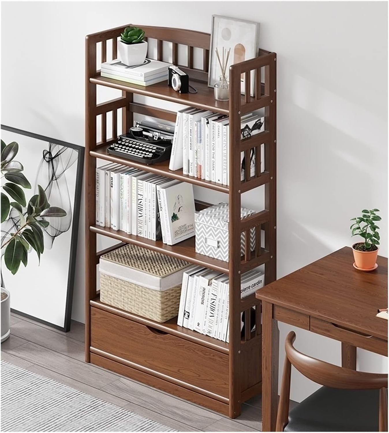 KIRANDY Solid Wood Low Bookshelf Multi-Layer Bookcase with Drawer, Floor-to-Ceiling Shelf for Living Room Bedroom Storage Rack (Size : 80x28.5x83cm Walnut Color)