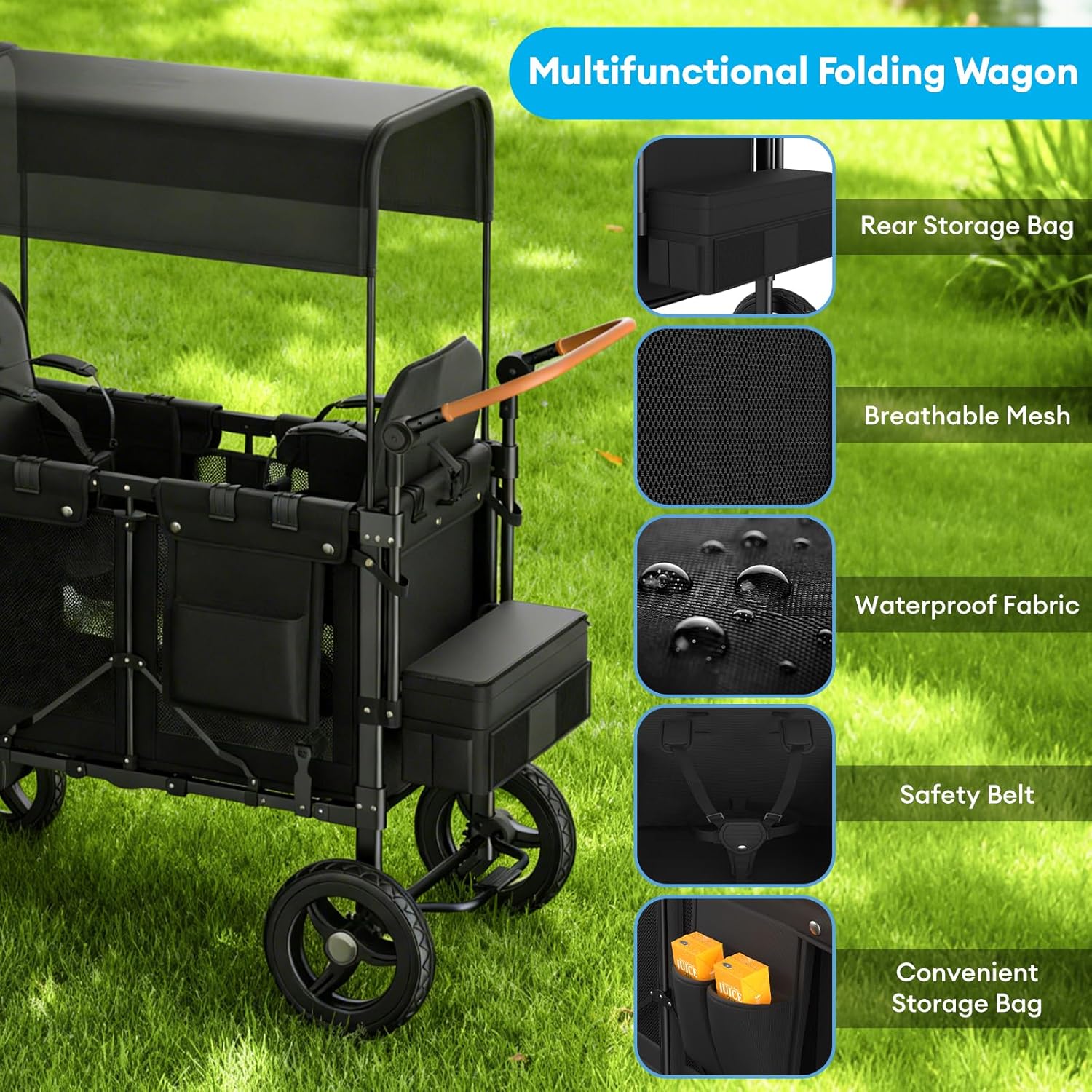 2 Seater Wagon Stroller Foldable with Breathable Mesh, Waterfroof Canopy, with Rear Storage Bag,360° Swivel Wheel with Lock,50.8 * 37.8 * 22.44 in.