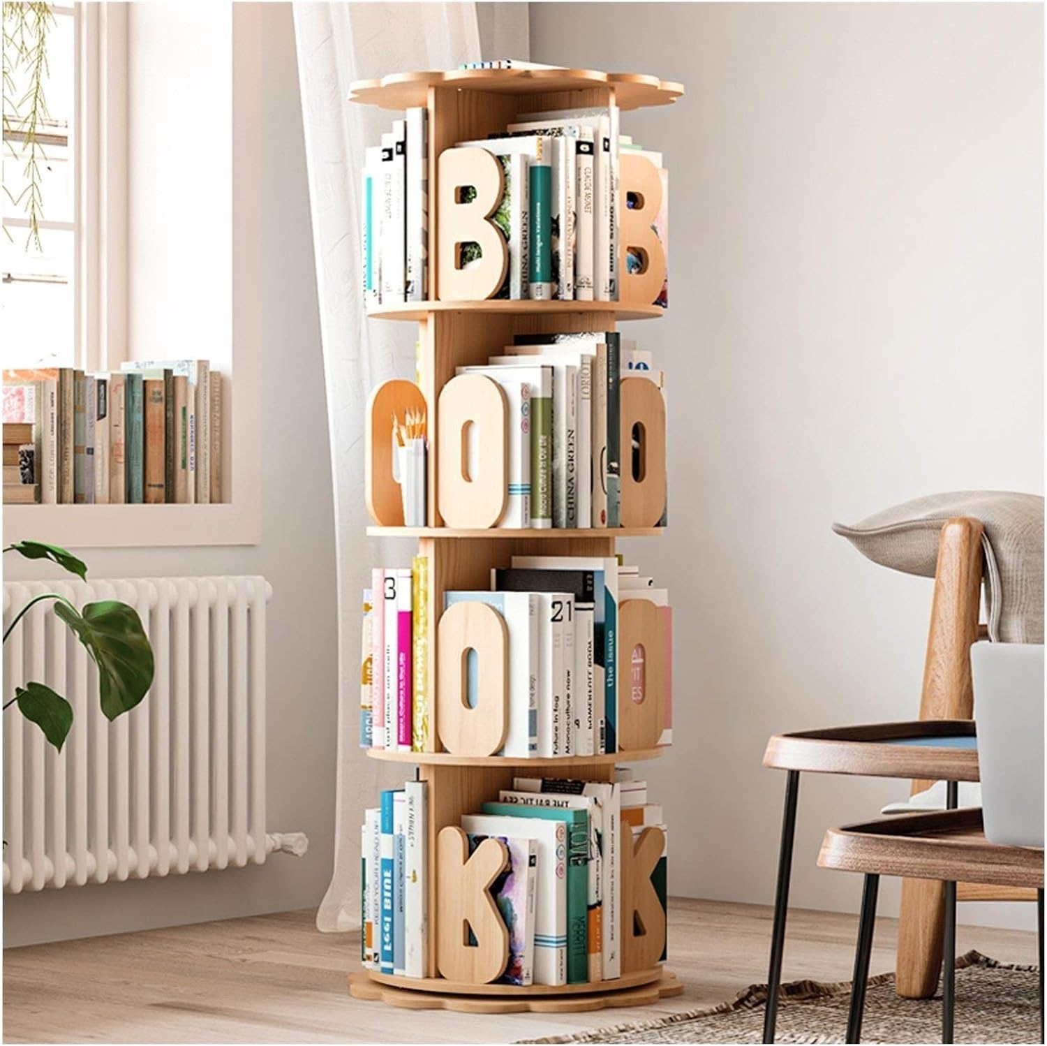 NERDOH Book Shelf Organizer Children's Bookshelf Wooden Rotatable 360° Bookcase Storage Bookcase Display Shelf for Nursery Home Office, Natural Color Bookshelf (Size : 4 Tier)