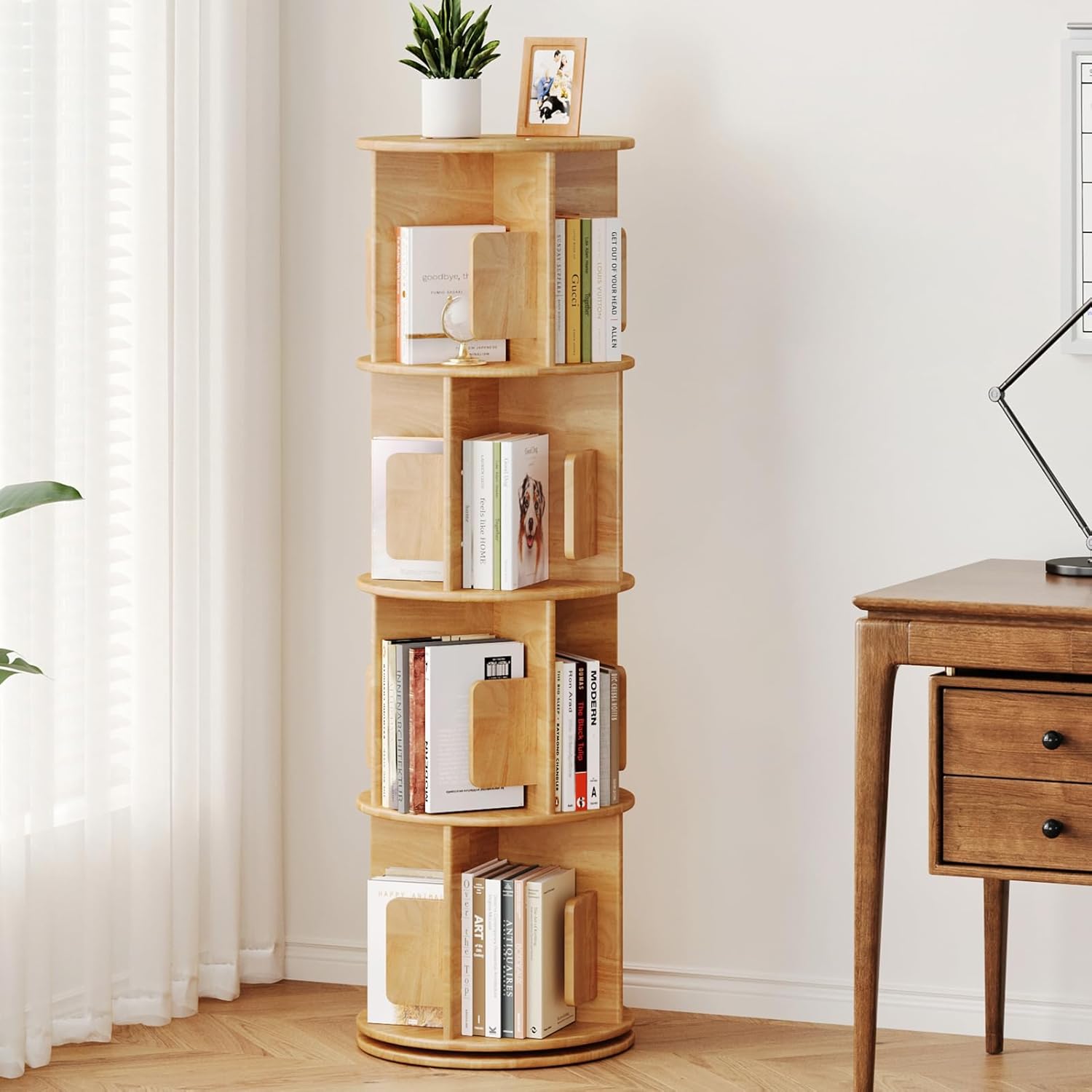Uniclinens Wooden Rotating Bookshelf Tower 4-Tier, 360 Display Spinning Bookcase, Narrow Revolving Book Shelf Organizer for Kids&Adults, Round Bookshelves Floor Standing Storage Rack, Natural