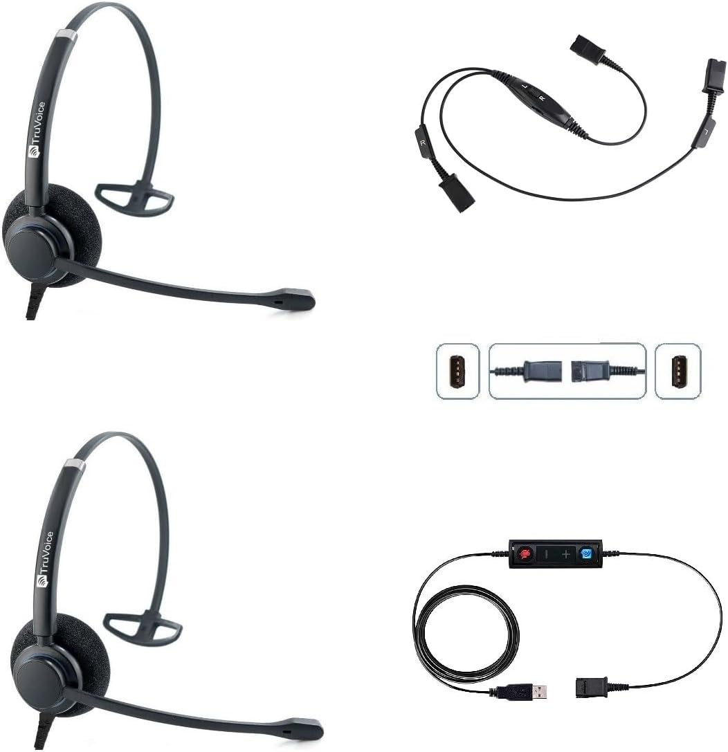 TruVoice Computer Headset Bundle for Training | Monitoring | Supervising : Includes 2 x HD100 Headset with NC Microphone, Training Splitter Y Cable and USB Adapter Compatible with PC and Softphones.