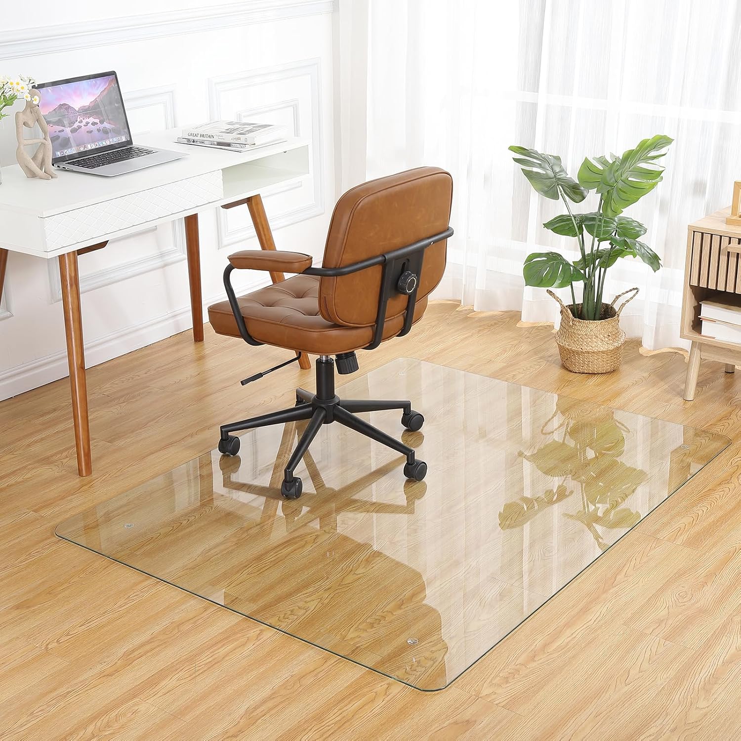 Tempered Glass Floor Mat, 46 in x 60 in Office Chair Mat with Round Corner and Polished Edge, 1/5 in Thick Transparent Tempered Glass Computer Floor Mat for Office and Home Hard Floor or Carpeted