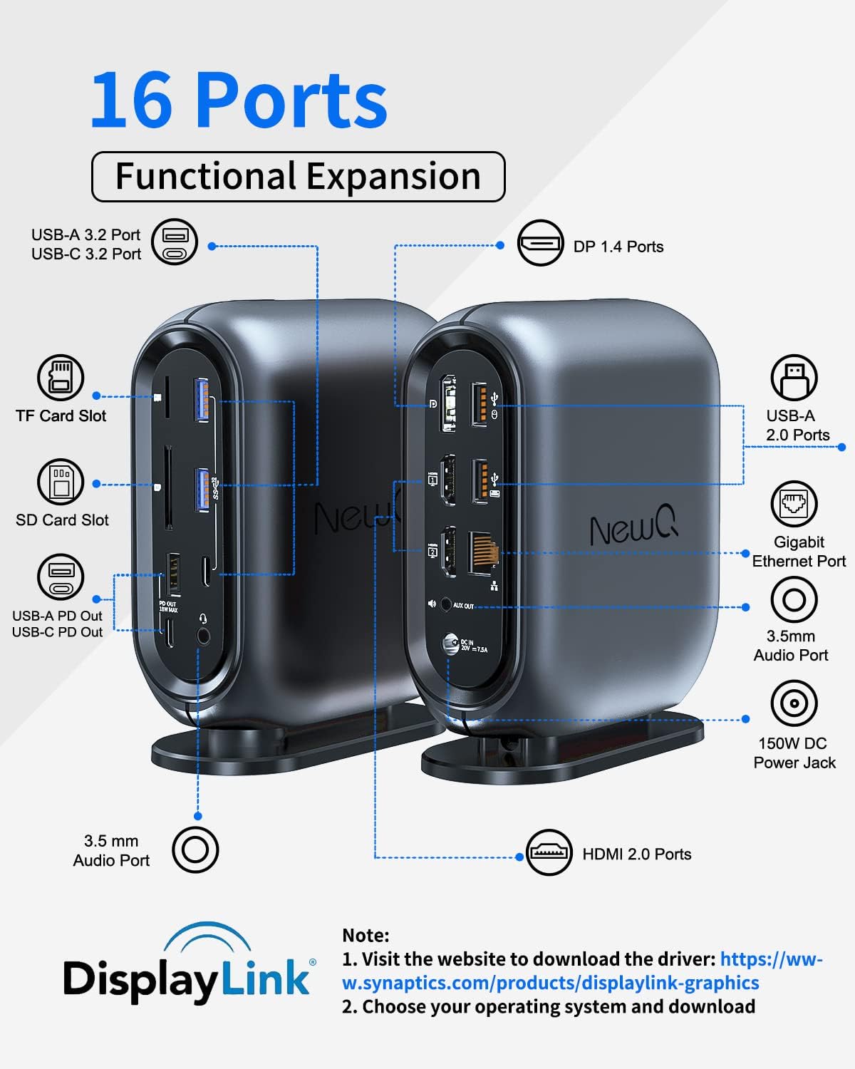16-in-1 Universal Docking Station for All Laptops with 150W Power Adapter, Triple Monitor for Mac, Windows, ChromeOS, Linux, Dual HDMI, DP, 10Gbps USBC USBA, Gigabit Ethernet, SD/TF, Audio