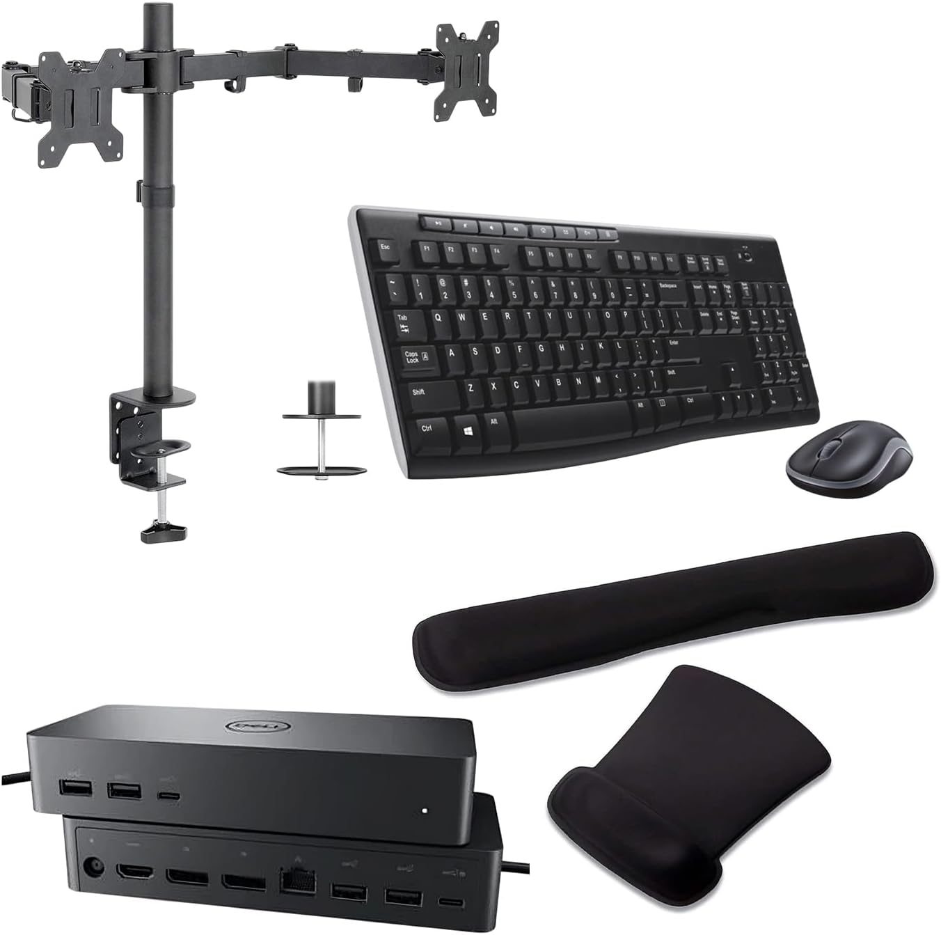 Dell UD22 Universal Dock 96W Quad 4K Support, HDMI, USB-C, DisplayPort and USB Hub Bundled with Desk Mount Dual Monitor Stand, MK270 Wireless Keyboard & Mouse, Gel Mouse & Wrist Pad