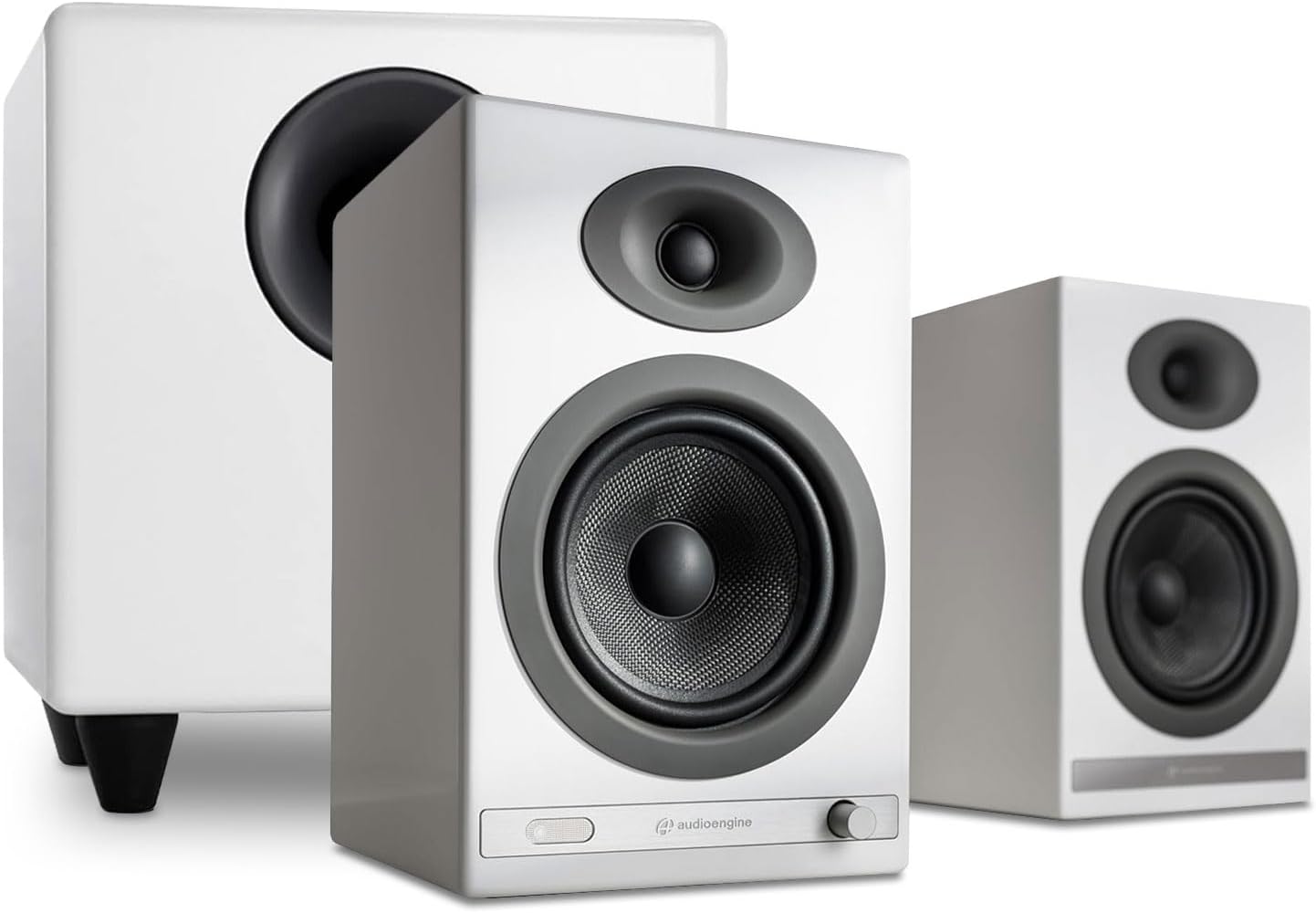 Audioengine HD5 White Bookshelf Speakers and S8 White Subwoofer Bundle for Music Gaming Movies Studios Dorms Bedrooms Offices