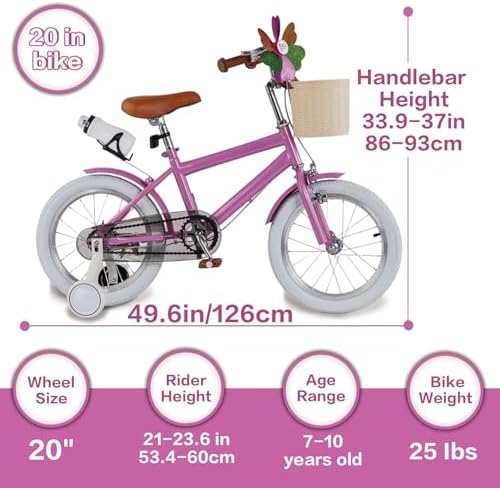 Girls' Toddler Bike 16/20 Inch for Ages 3-12, Adjustable Seat, Basket, Bell, Training Wheels, Handbrake, Water Bottle Holder & Windmill - Safe & Fun!
