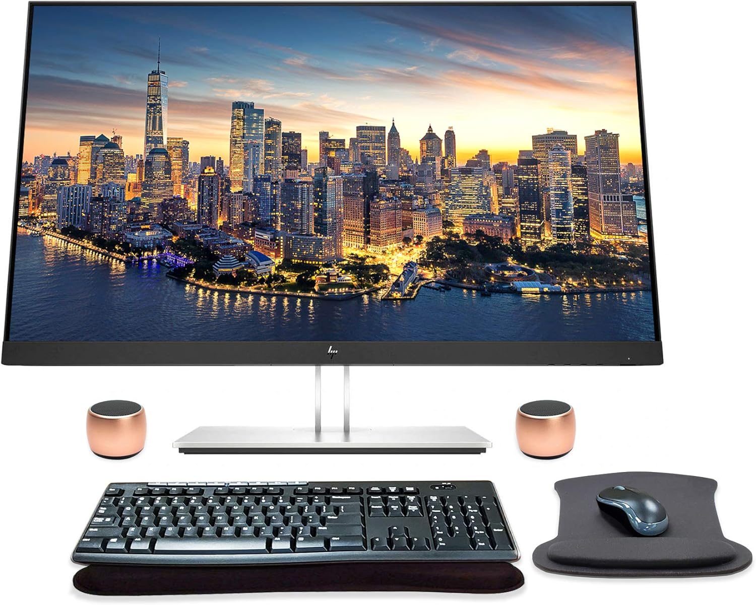 HP EliteDisplay E27q G4 27 Inch QHD IPS Office Monitor Bundle with HDMI, Blue Light Filter, Bluetooth Magnetic Pro Travel Friendly Speakers, MK270 Wireless Keyboard and Mouse, and Gel Pads