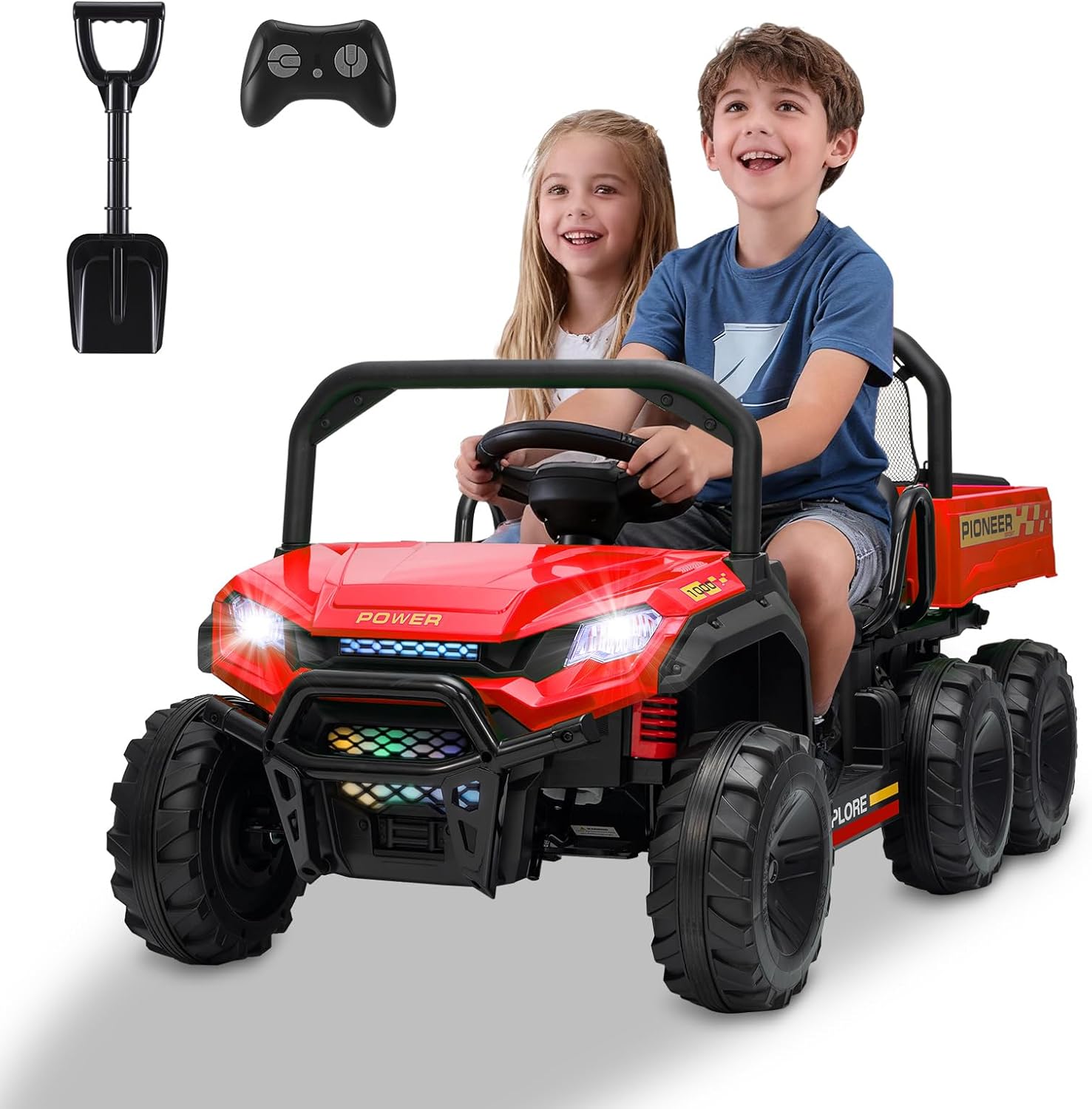 SEHOMY 24V 2 Seater Ride on Car for Kids, 4WD Power Wheels Dump Truck 6 Wheels UTV Toys with Remote, Electric Dump Bed, Shovel, Max 7MPH, 19