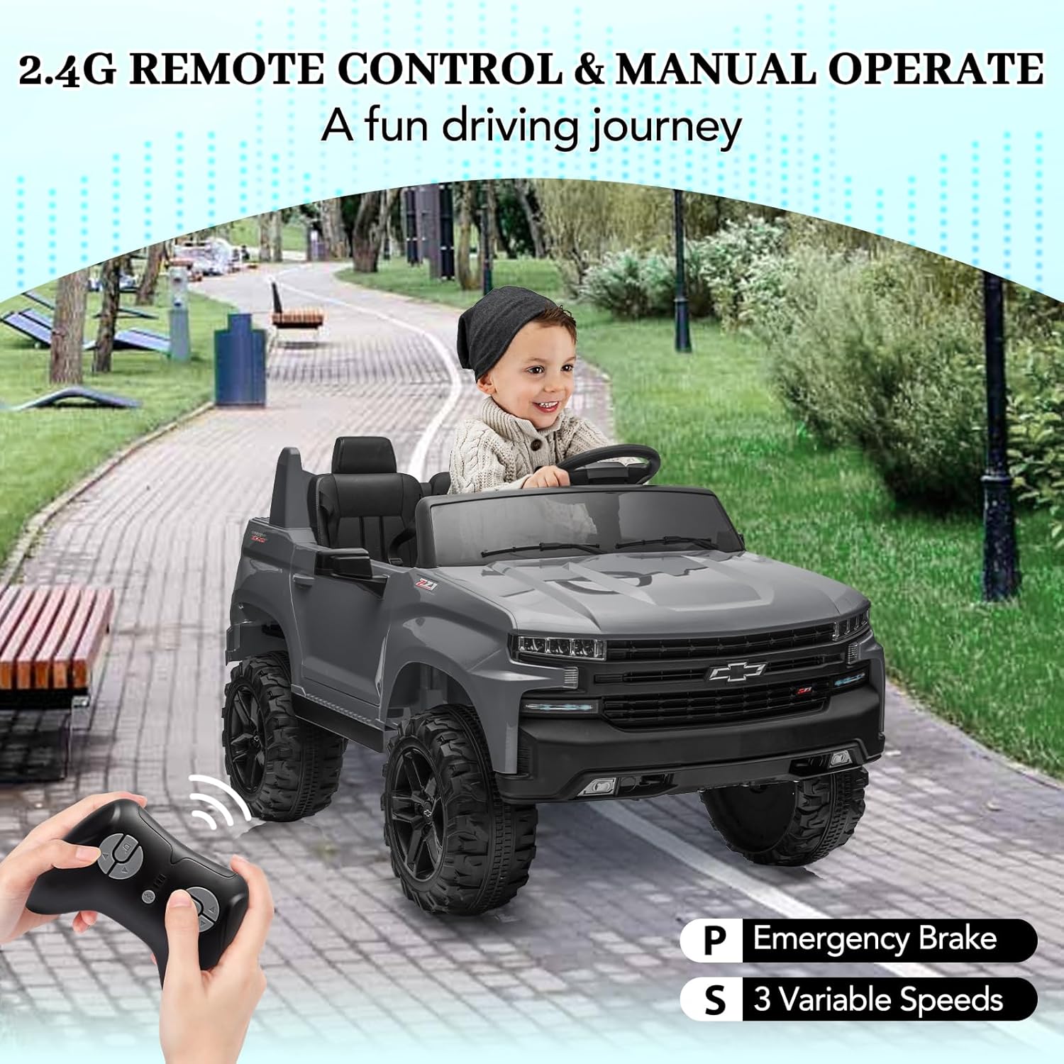 Hetoy 24V 2-Seater Truck Licensed Chevrolet Silverado Ride On Car Toy w/Parent Remote Control,4xSpring Suspension, 3 Speeds, Wireless Music, MP3 Player, Electric Vehicle Car for Kids,Grey