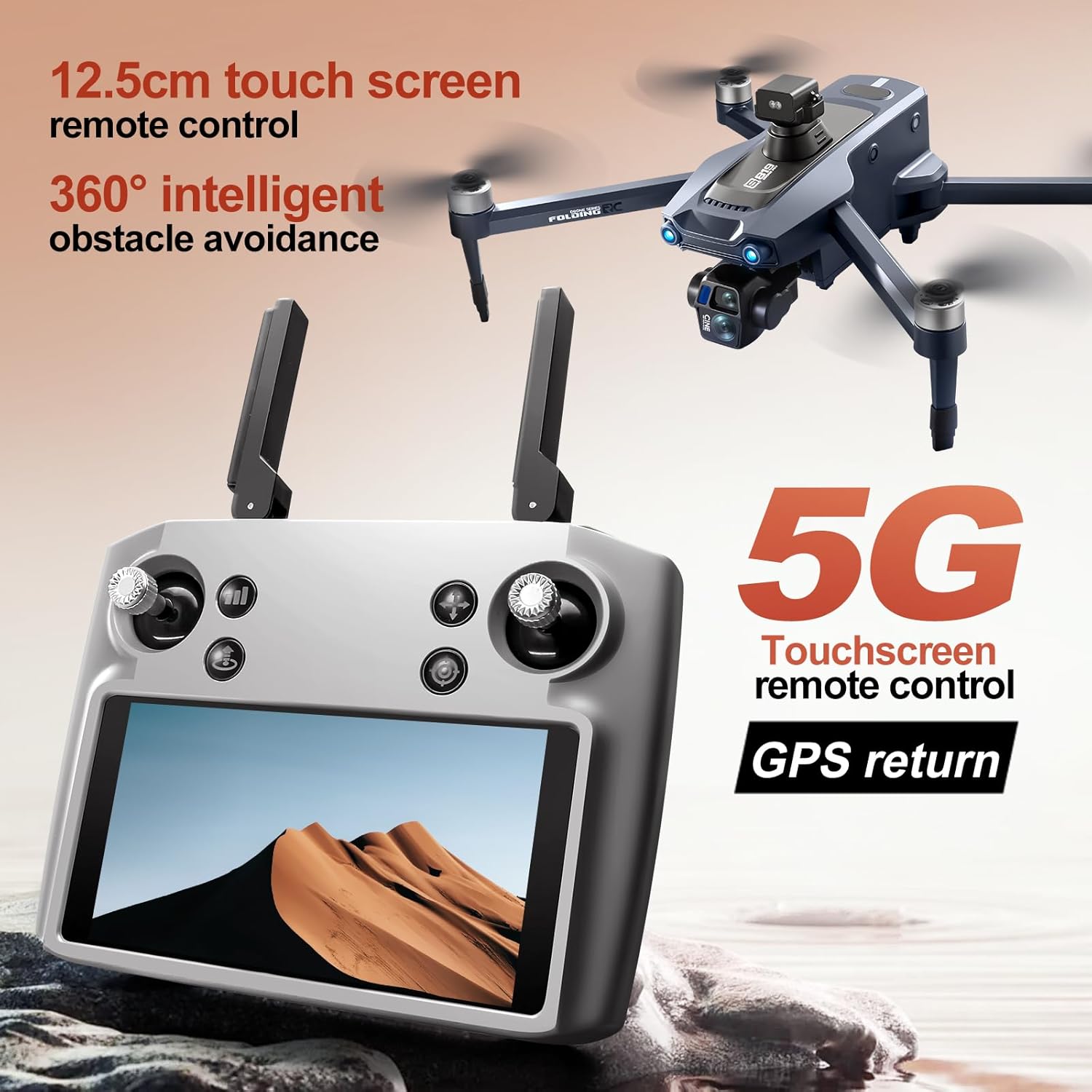 GPS Drone with One Key Airdrop (1 pound), 5G Technology, Brushless Motor, 360° Laser Obstacle Avoidance, 5 Inch Touch - Screen Display Remote Controller, 2.7K Real Pixels, 3 Axis Gimbal Camera, Auto Return (Go Home), One Key Follow (Follow me), Speed