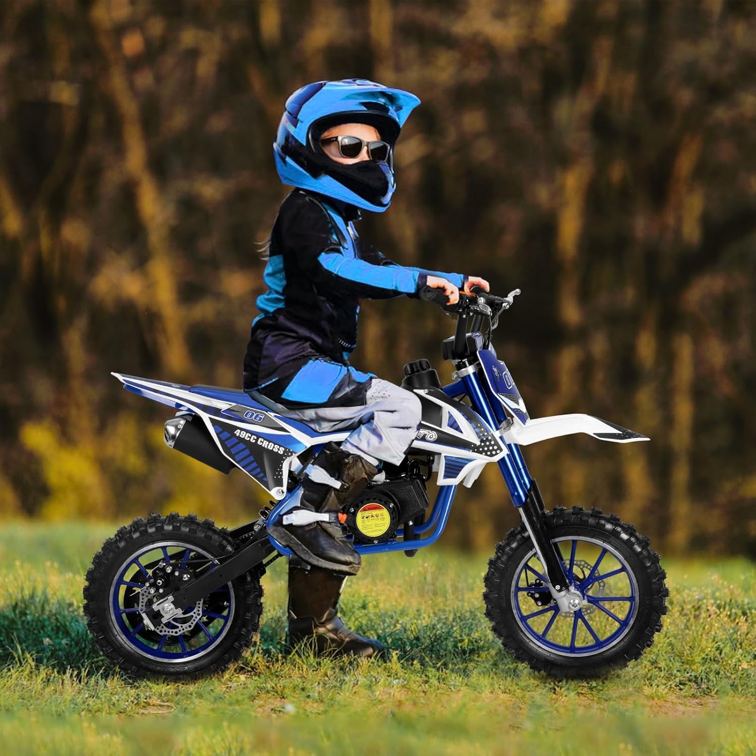 50cc Dirt Bike for Adults & Kids,2-Stroke Kids Dirt Bike Mini Bike Gas Powered Off Road Trail Bike Mini Pocket Motorcycle with Front Rear Disc Brakes Mini Dirt Scooter Bike Blue White