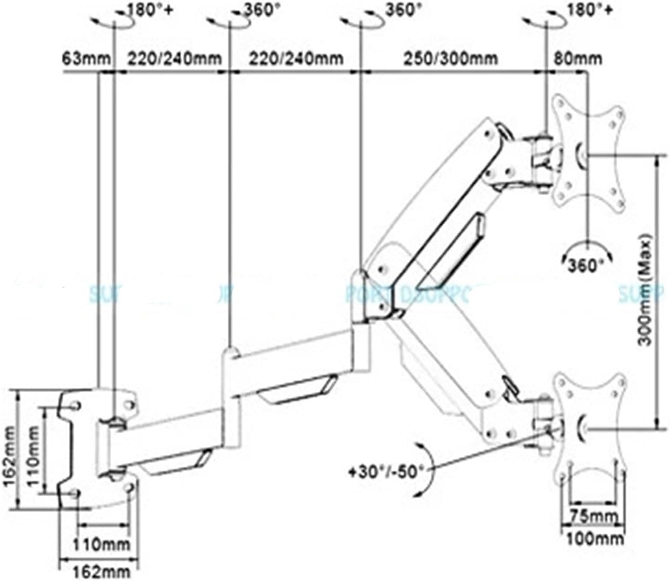 17-27 Inch Extra Long Gas Spring Arm Wall Mounted Monitor Bracket Full Movement Heavy Duty LCD TV Mounting Bracket LG312 Bearing 2-9 kg