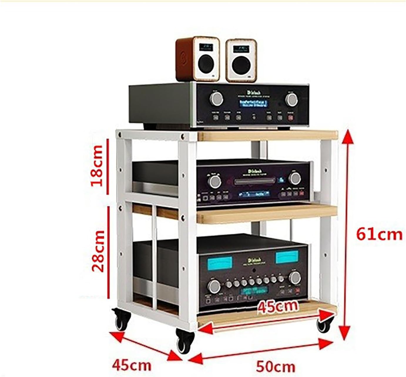 3-Tier Metal Steel Shelf Media Stand Audio/Video Component Cabinet with Height Adjustable Wooden Shelf Perfectly Fits DVD Player for Home/Office (Size :50x45x61cm)
