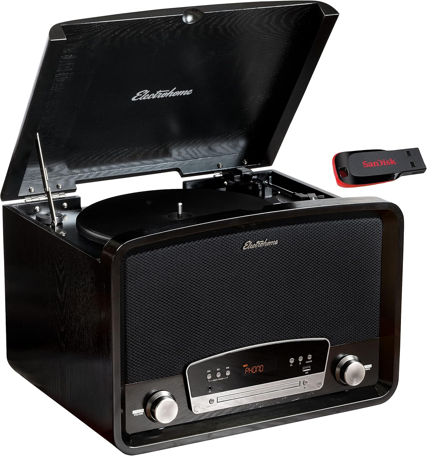 Electrohome Kingston 7-in-1 Vintage Vinyl Record Player Stereo System - 3-Speed Turntable Bluetooth AM/FM Radio CD Aux in RCA/Headphone Out Vinyl/CD to MP3 Recording & USB Playback w/ 32GB USB Drive