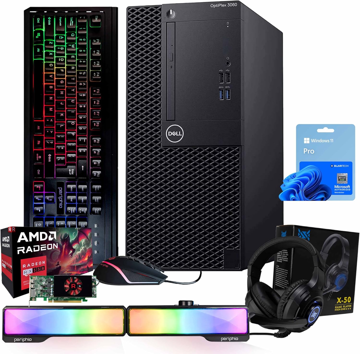 Dell OptiPlex 3060 Tower PC | Intel Core i5 | 32GB RAM | 250GB NVMe M2 + 1TB SSD | Nvidia RX 550 4GB | Windows 11 Pro | AX200 WiFi 6 + Bluetooth | Keyboard & Mouse | Speakers & Headset (Renewed)