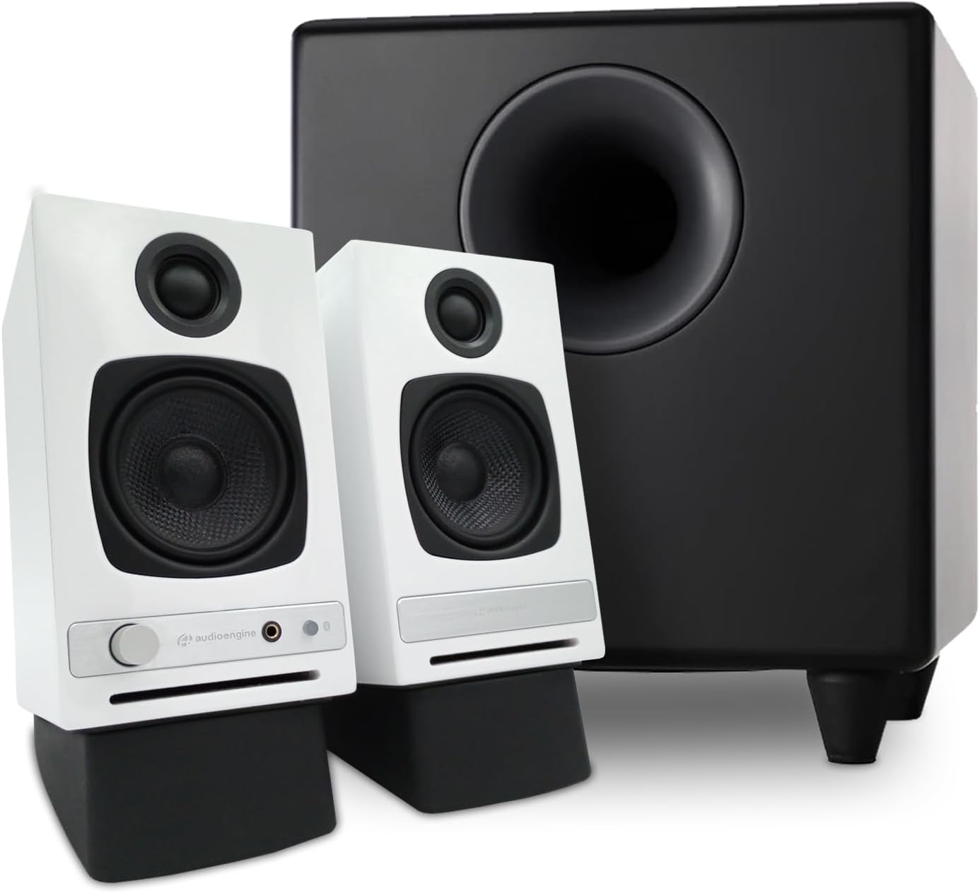 Audioengine A2 HD White Home Music System with S8 Black Subwoofer and DS1 Stands