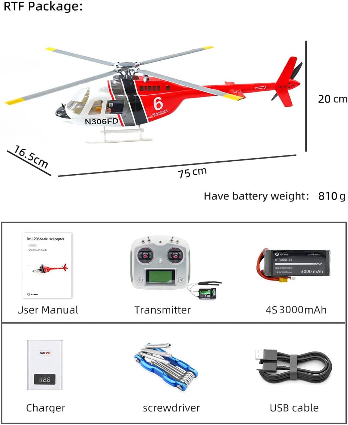 2.4G RC Scale FlyWing Bell 206 Helicopter 4 Blade Rotor Remote Control Aircraft GPS Brushless Motor Battery RTF Smart Drone Gift Hobby Grade Model