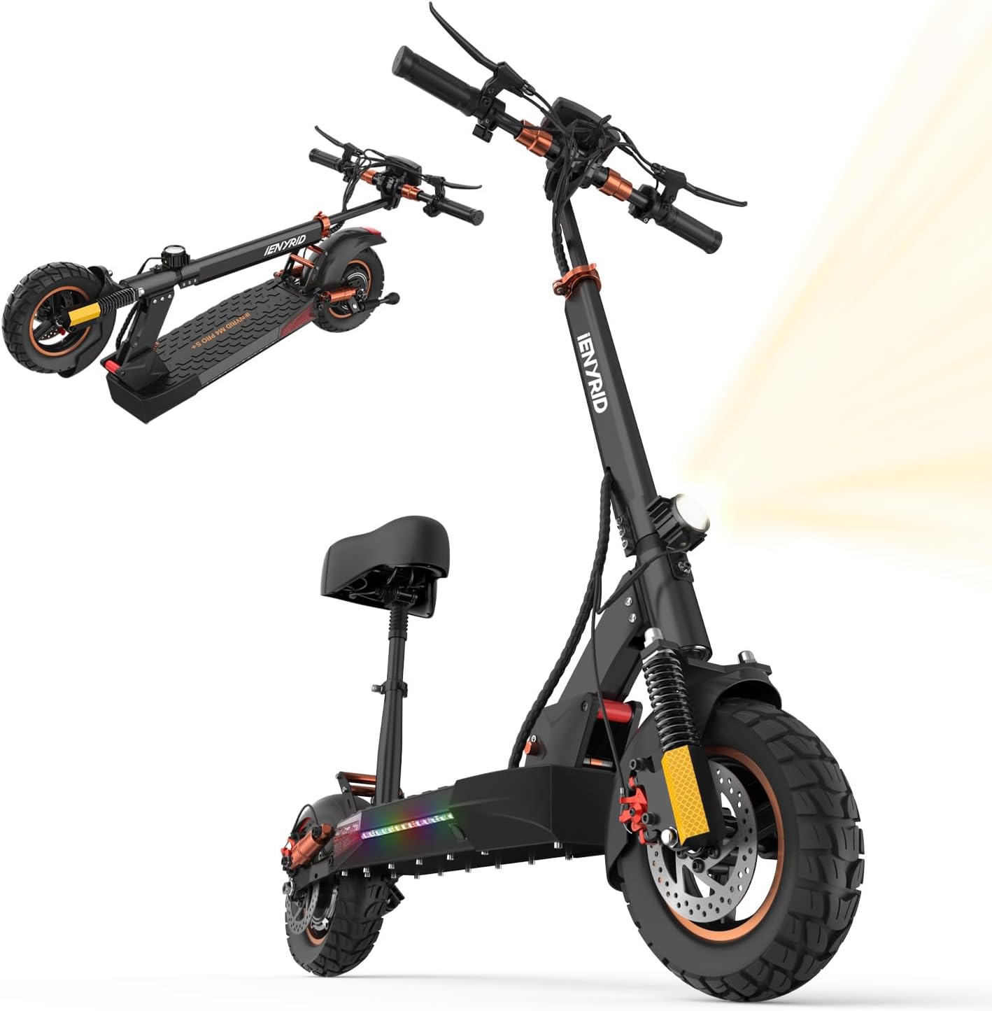 iENYRID Electric Scooter Adults, Commute E Scooter with Seat 1000w Peak Output Motor 28mph Fast Speed 30miles Max Range 10inch Air Tires, Dual Suspension, 48V/12.5Ah Battery Foldable Portable - Orange