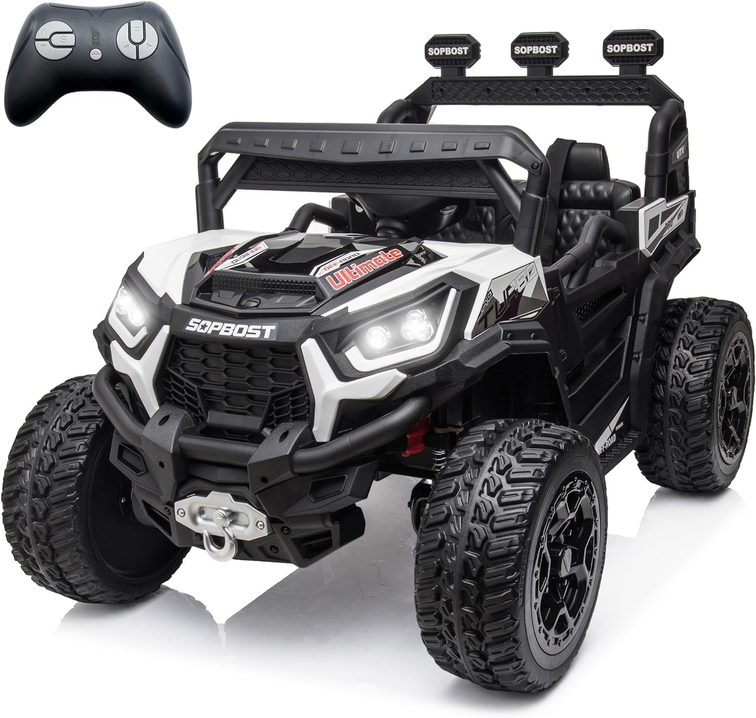 sopbost 24V 7Ah Ride On Toys for Big Kids Ride On Car with Remote Control Battery Powered 4x4 Electric Vehicle Kids UTV, EVA Tires Wheels, Music Play, White