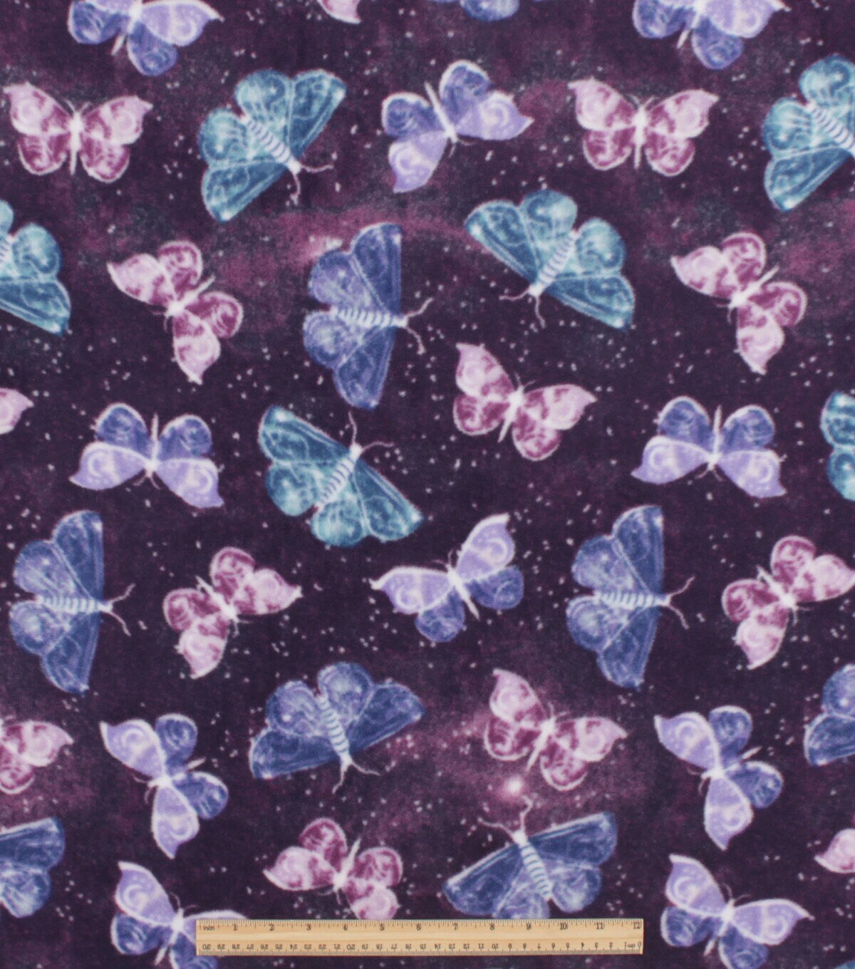 Galaxy Butterflies on Purple Anti Pill Fleece Fabric