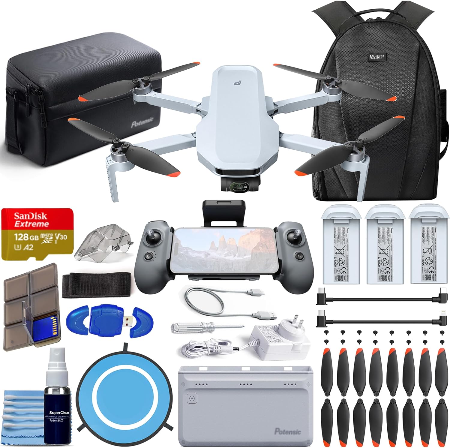 Potensic ATOM 2 Drone Fly More Combo (96-Min Flight) with 4K Video, 8K Photo, Under 249g, 6.2 mile Transmission, AI Track, Vertical Shooting + 128GB Card + Pilot Kit