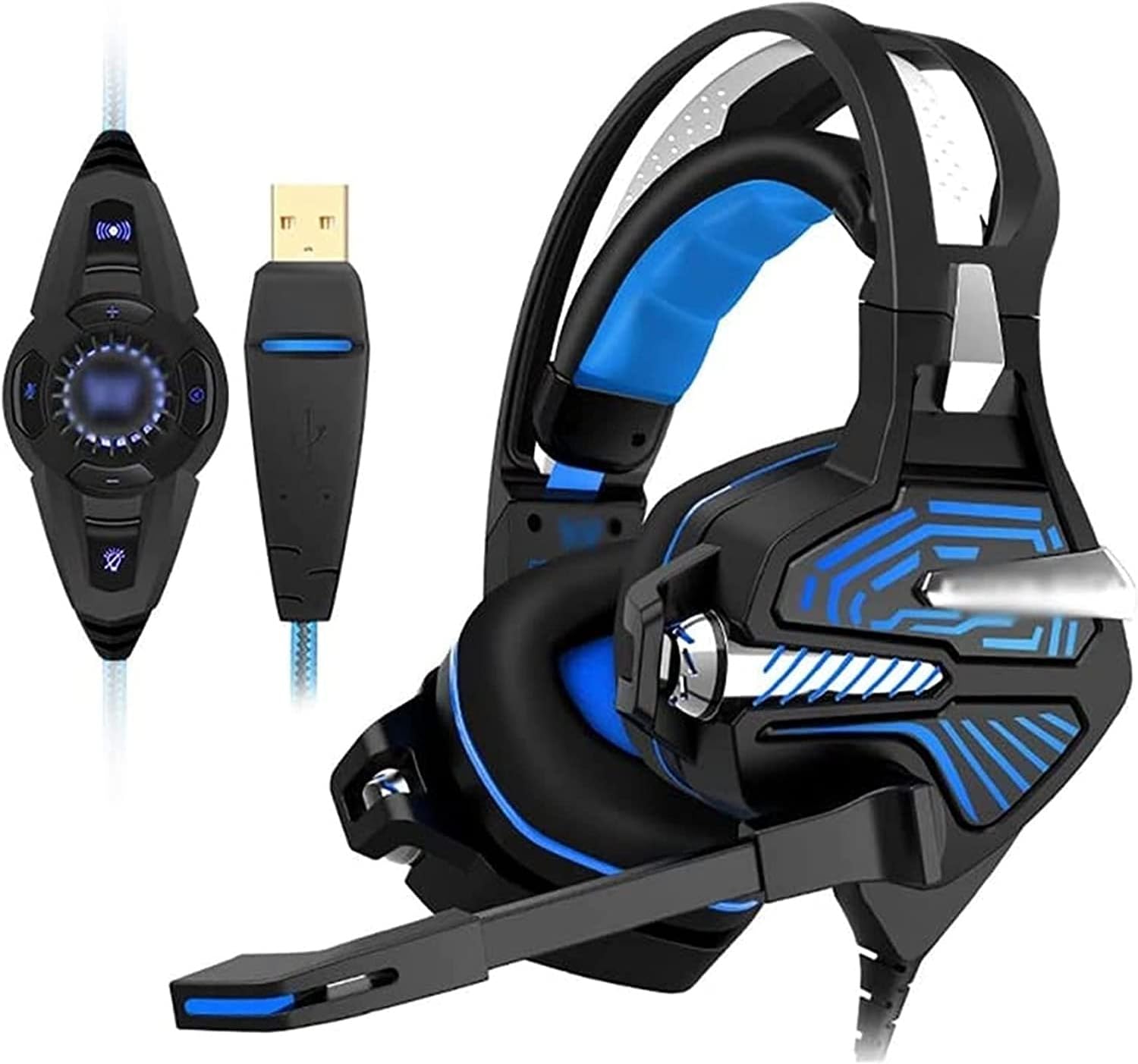 Gaming Headset, Over Ear Headphones with Noise Cancelling Mic LED Light, Stereo Bass Surround, Soft Memory Earmuffs for Smart Phone, Laptops, Tablet
