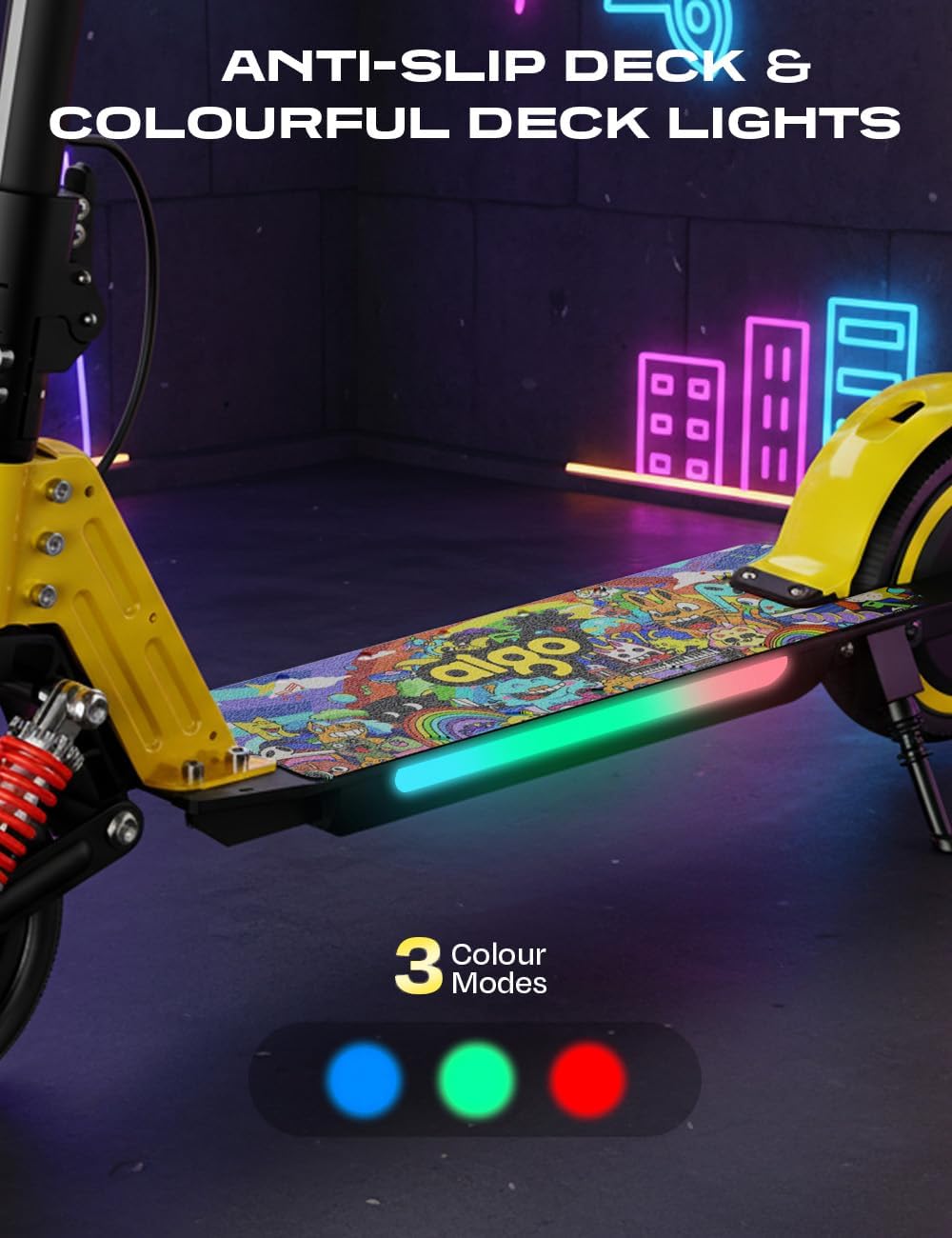 aigo E3 Kids Electric Scooter - Front Suspension, Max 3-5 Miles Long Range, Powerful 130W Motor, Multi-Color RGB Light Deck and Rainbow Headlight, 154lbs Weight Safety Tested to UL 2272
