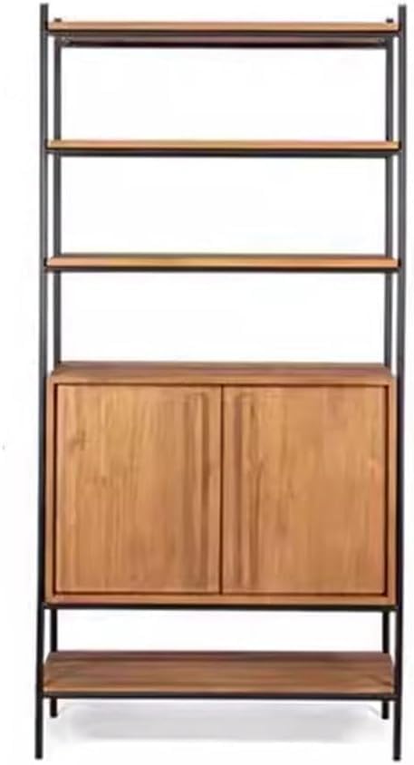 Retro Wrought Iron Storage Bookshelf – Floor-Standing Multi-Layer Bookcase with Wood Handles, Home Storage Rack for Living Room, Bedroom, Office – 80CM x 35CM x 195CM