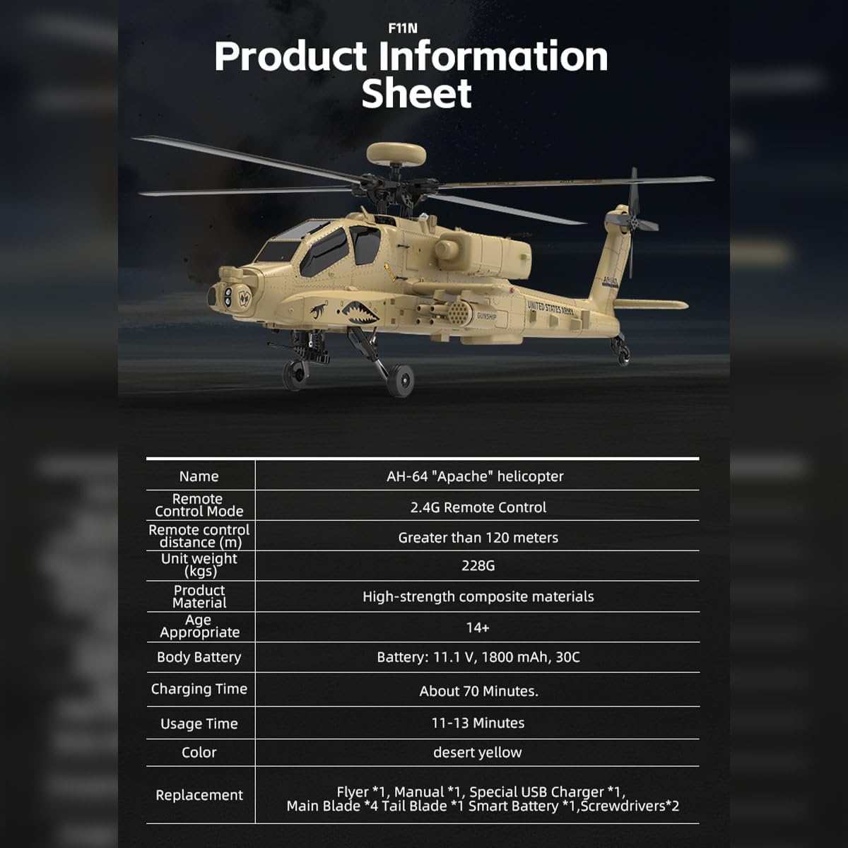 YU Xiang F11-N AH64 RC Helicopter for 16+, 1/32 Scale 2.4G 6CH Coaxial Dual Rotor 6G/3D RC Helicopter Model, with Optical Flow Altitude Hold (RTF Version)